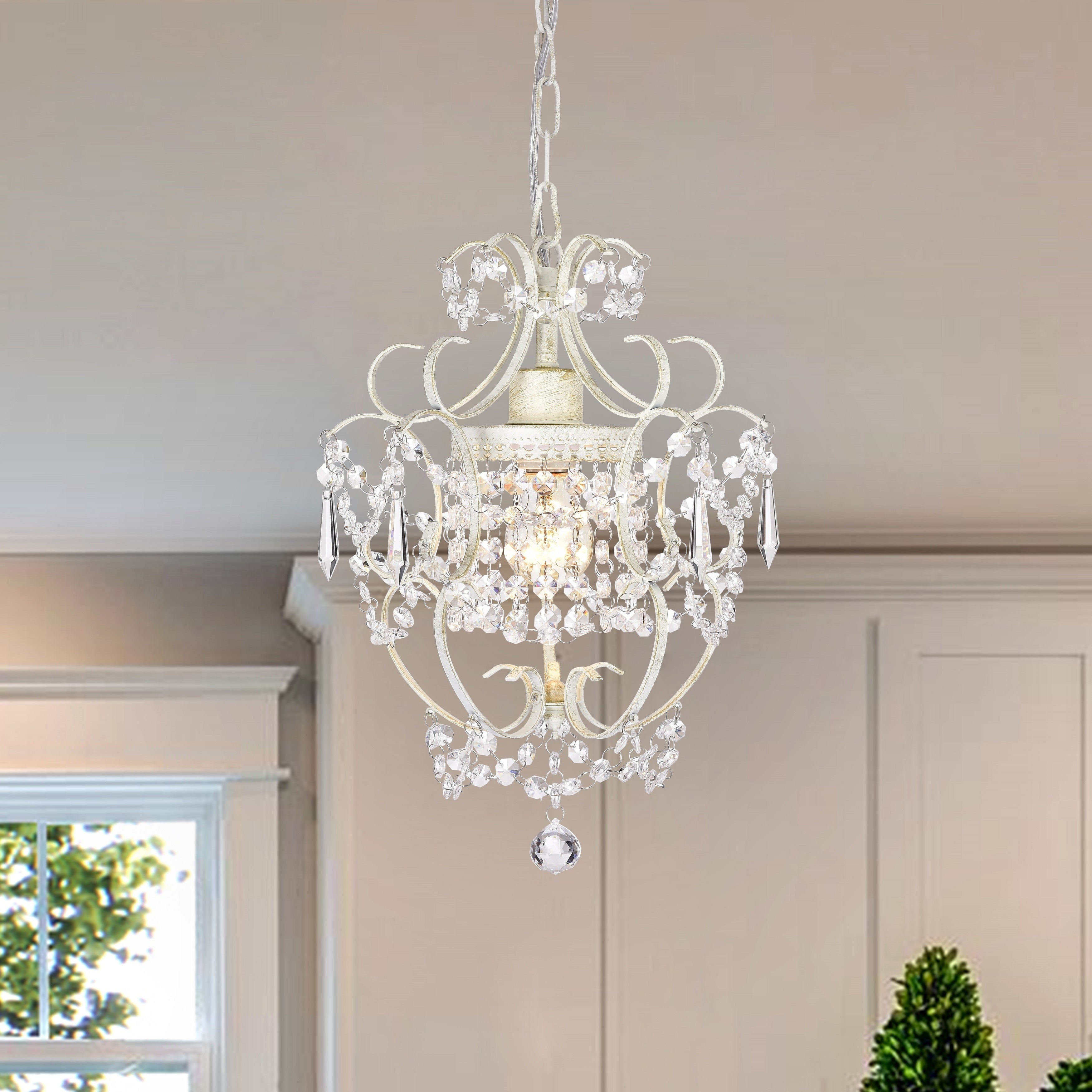 White Small Mini Chandelier with Acrylic Crystals 1-Light Pendant Chandelier