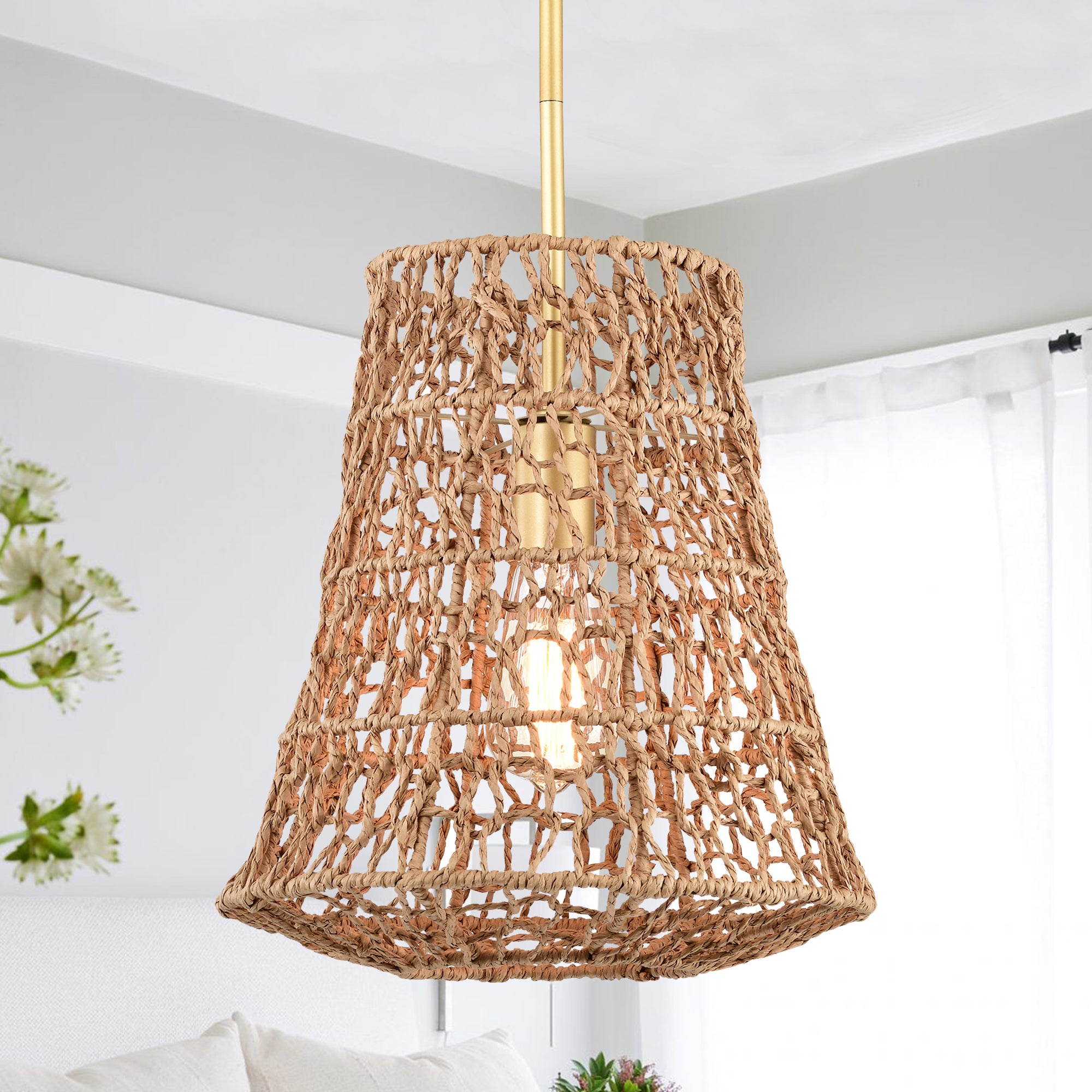Bohemian Woven Rattan Pendant Light with lantern shape for dining room