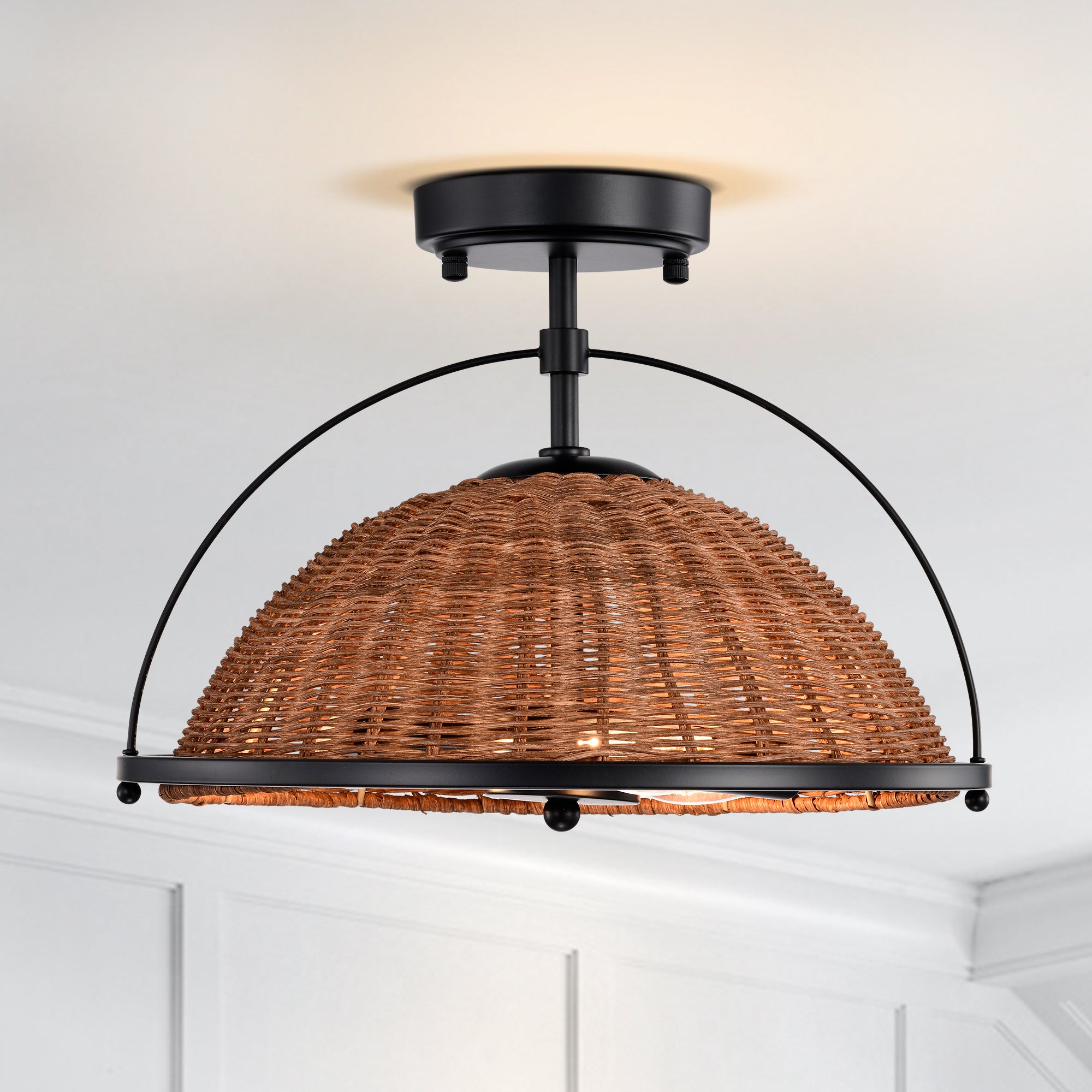 Brown Bohemian Woven Rattan Semi-Flush Mount Light for Dining Room