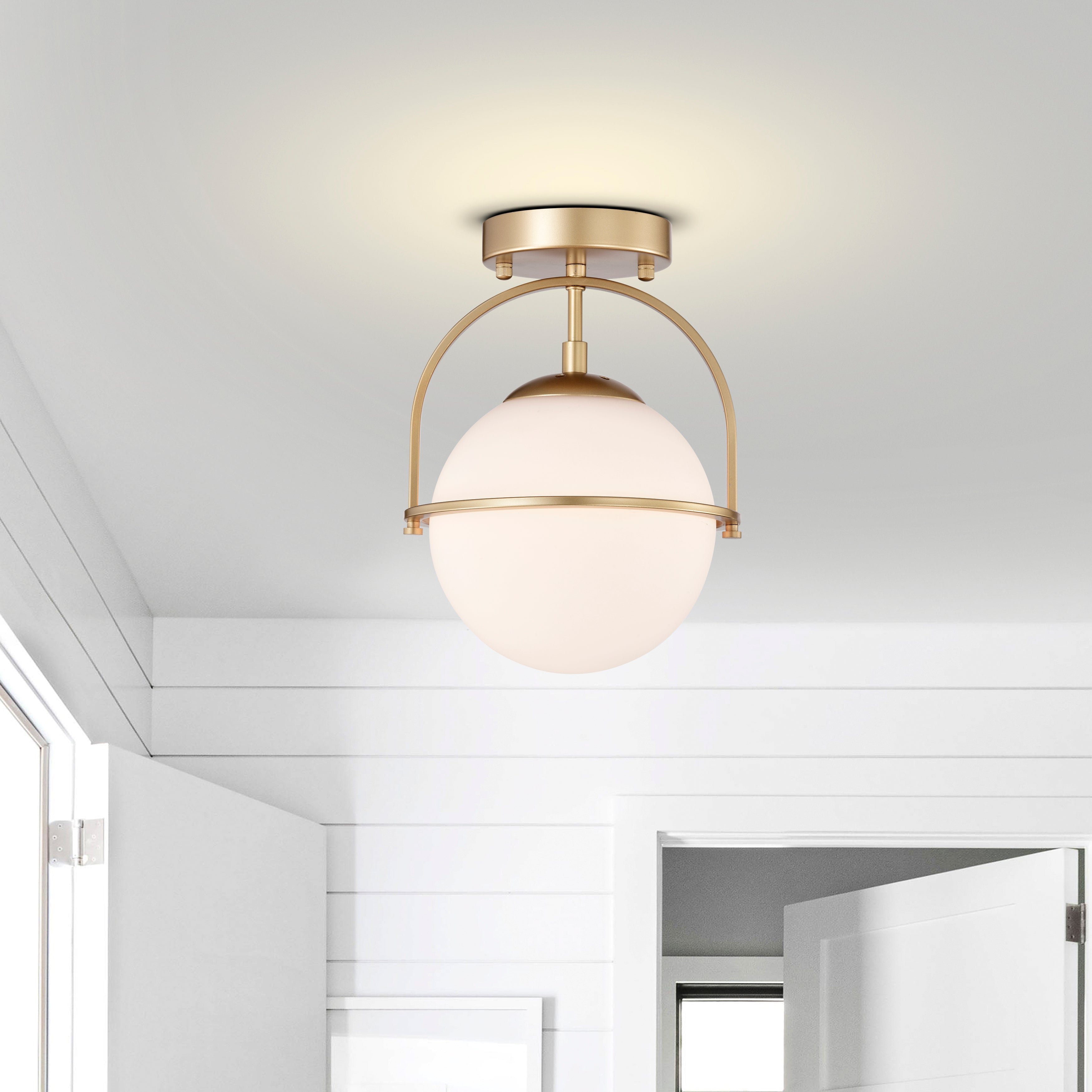 Mid Century Cream White Glass Chandelier Globe Semi Flush Mount Light Fixtures 1-Light Ceiling Light Fixtures Bedroom