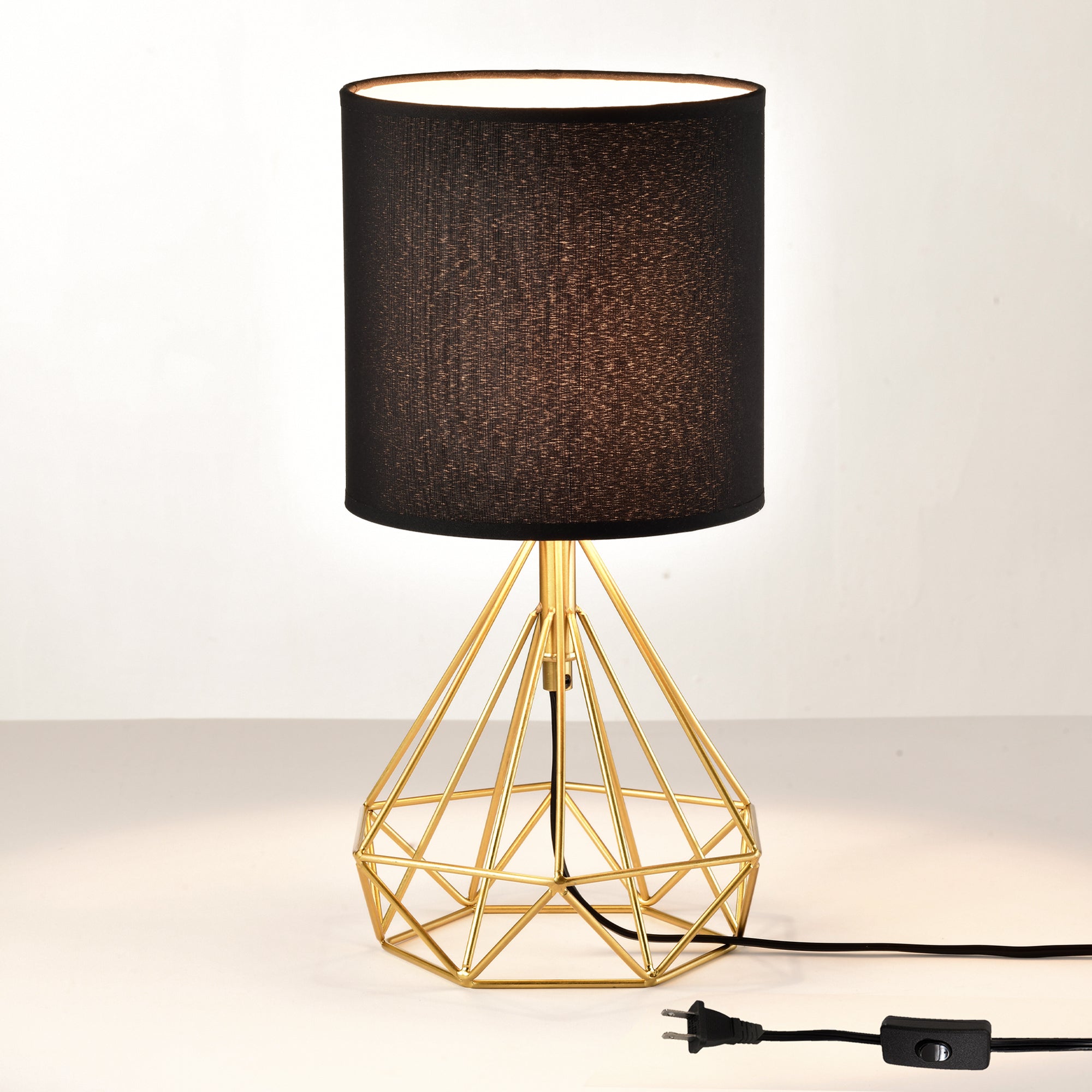 Table Lamp Golden Brick and Stone Shaped Iron Base, Black Lampshade, Plug-In Power Source