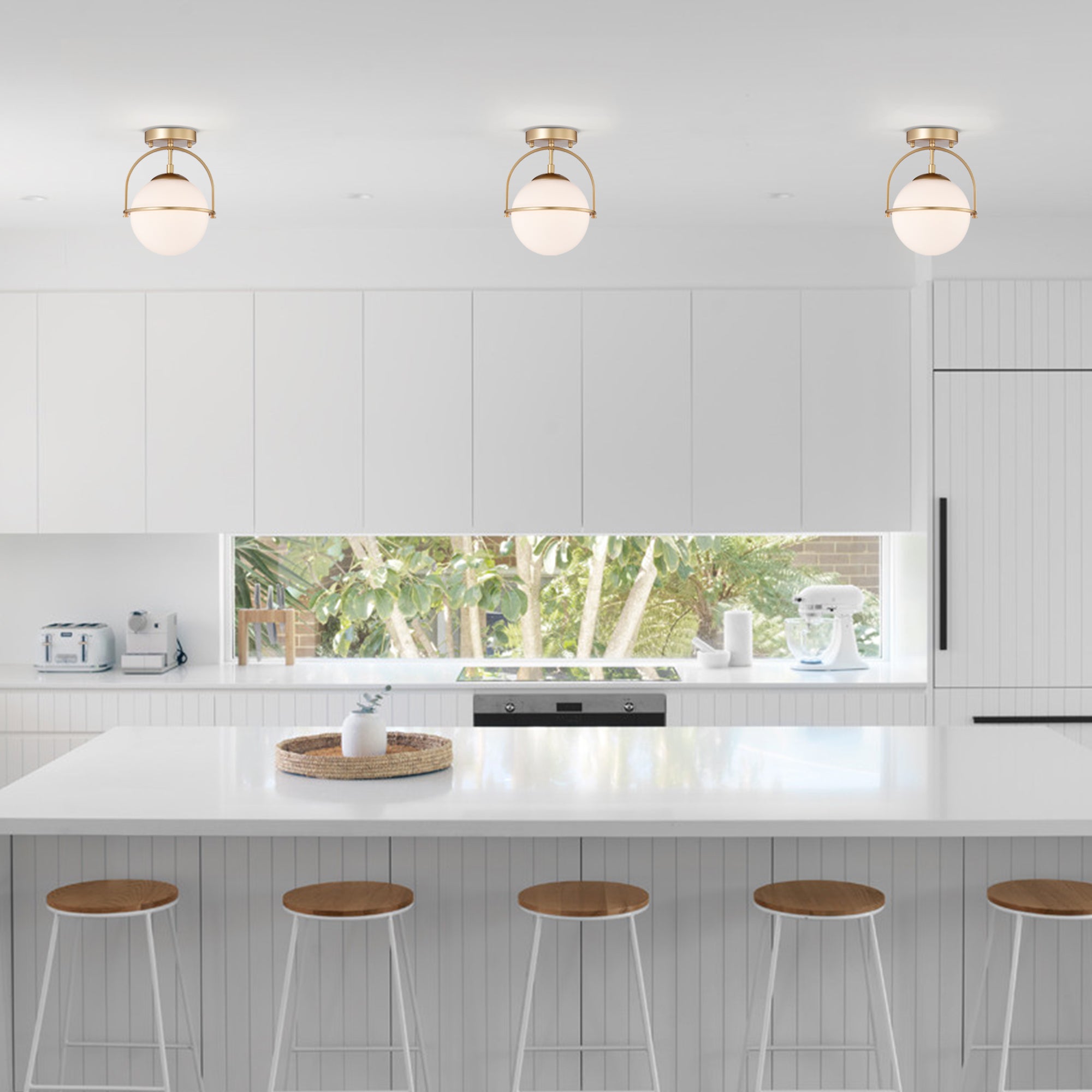 Mid Century Cream White Glass Chandelier Globe Semi Flush Mount Light Fixtures 1-Light Ceiling Light Fixtures Bedroom