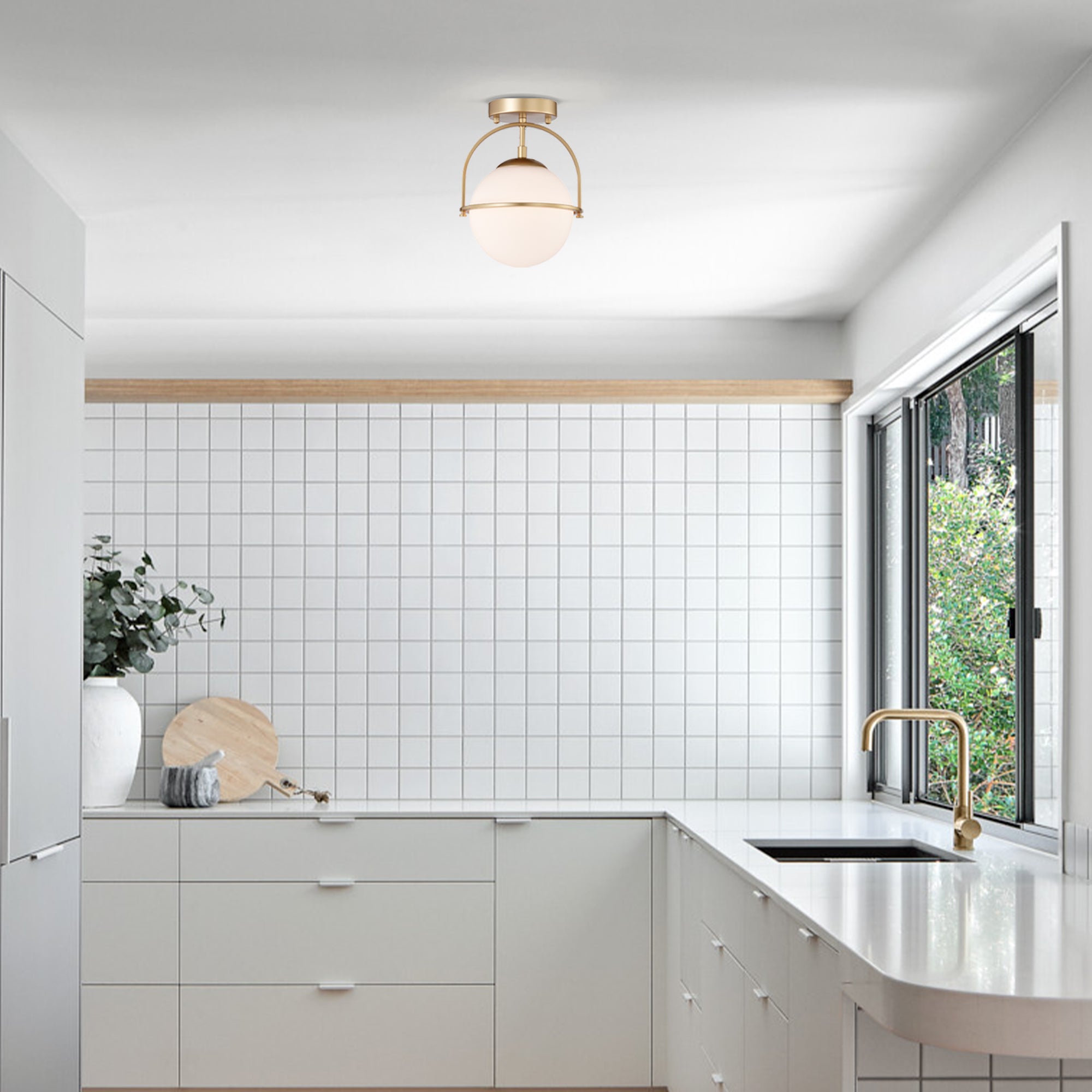 Mid Century Cream White Glass Chandelier Globe Semi Flush Mount Light Fixtures 1-Light Ceiling Light Fixtures Bedroom