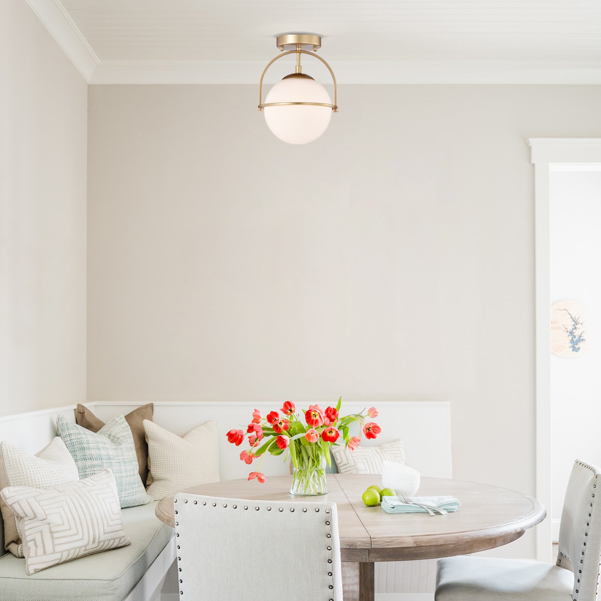 Mid Century Cream White Glass Chandelier Globe Semi Flush Mount Light Fixtures 1-Light Ceiling Light Fixtures Bedroom