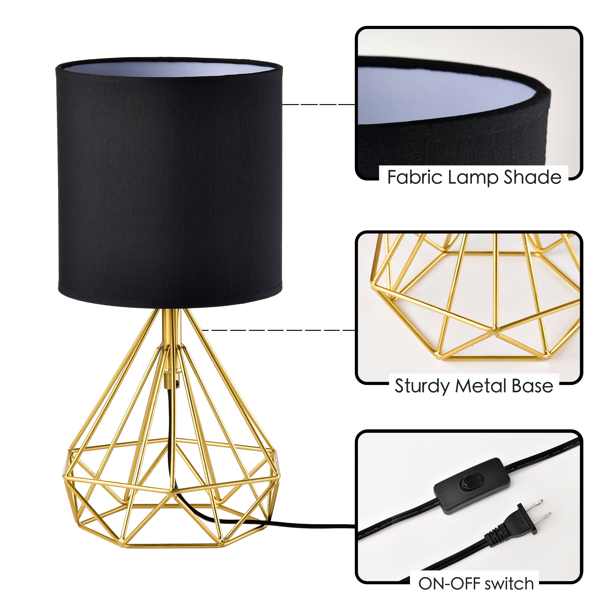 Table Lamp Golden Brick and Stone Shaped Iron Base, Black Lampshade, Plug-In Power Source