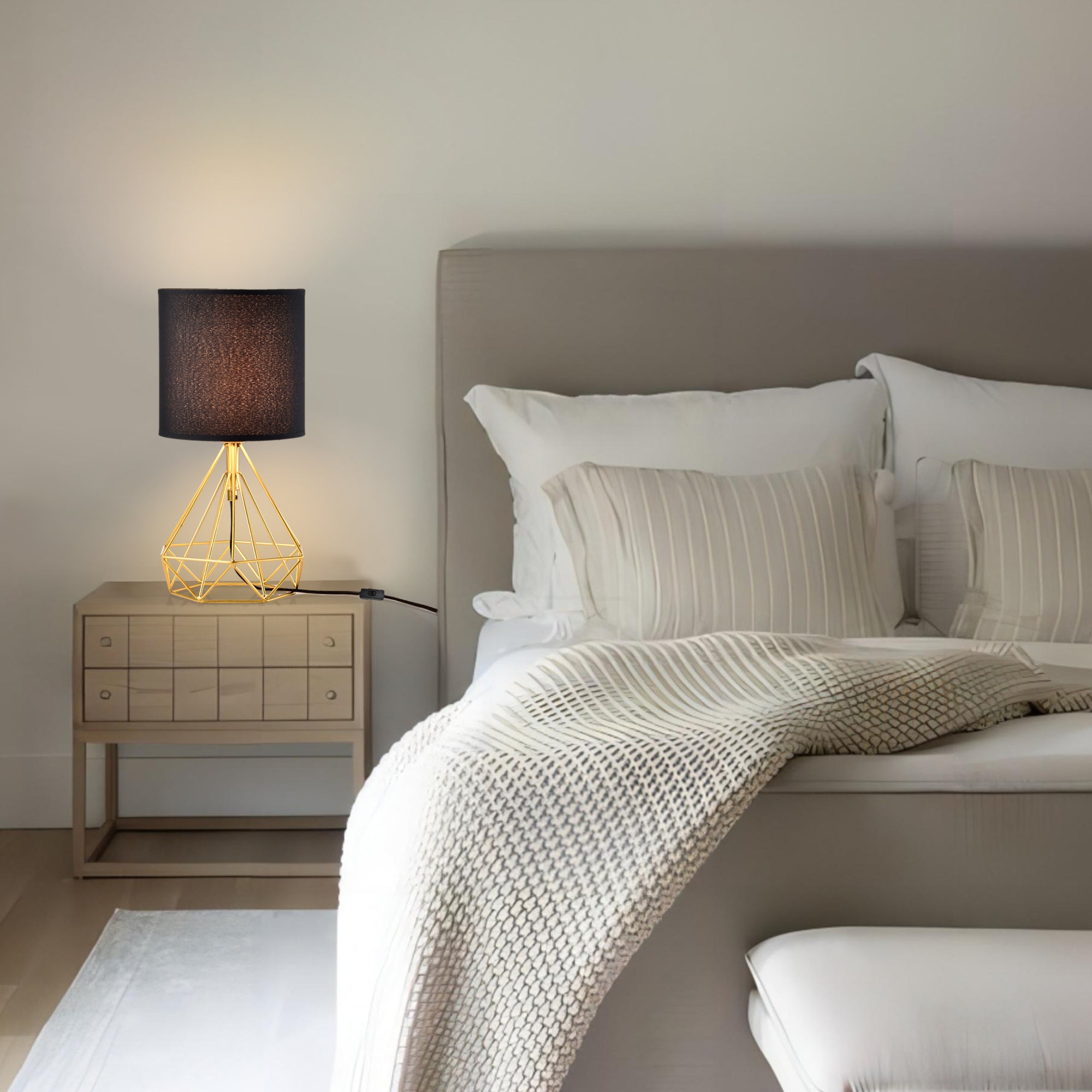 Table Lamp Golden Brick and Stone Shaped Iron Base, Black Lampshade, Plug-In Power Source