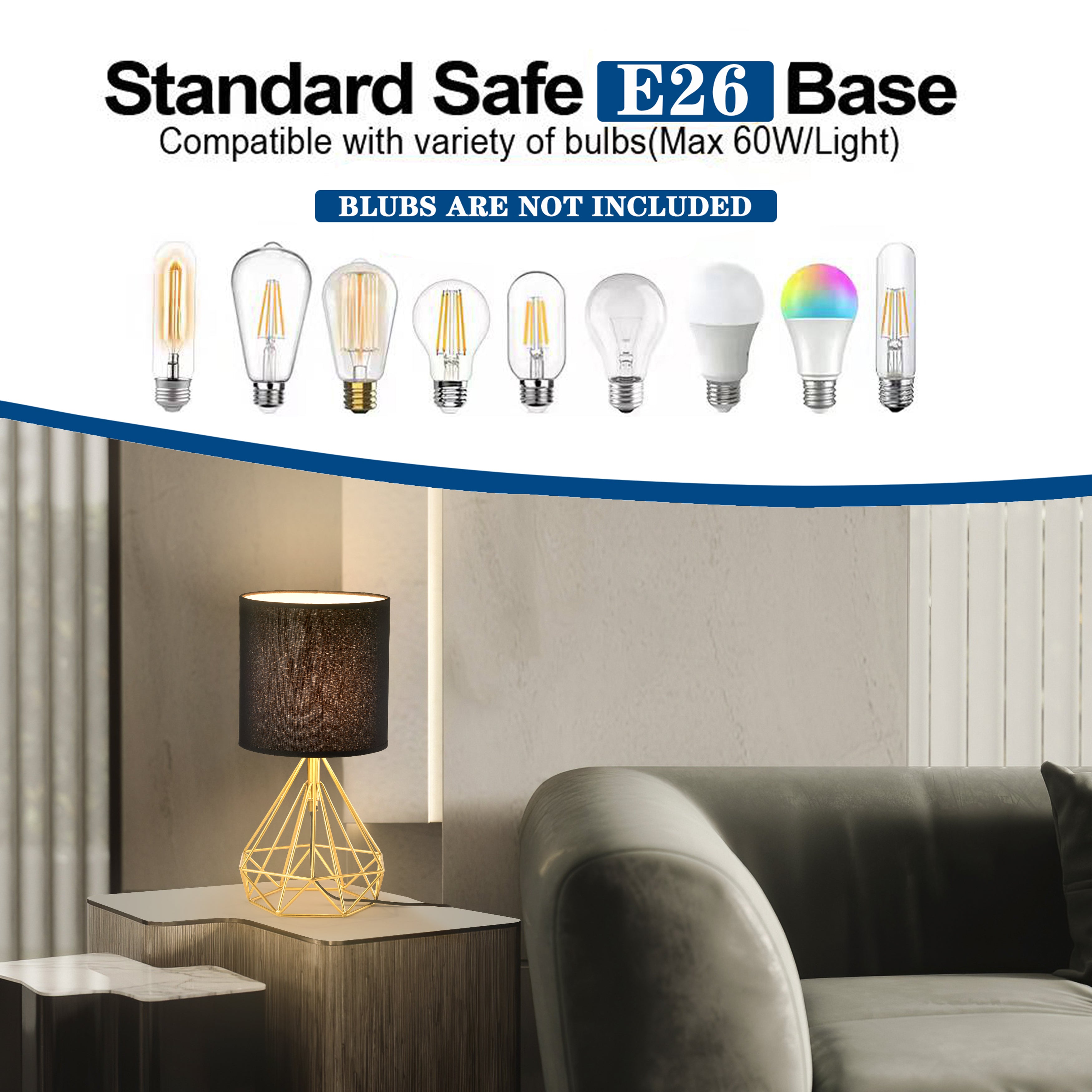 Table Lamp Golden Brick and Stone Shaped Iron Base, Black Lampshade, Plug-In Power Source