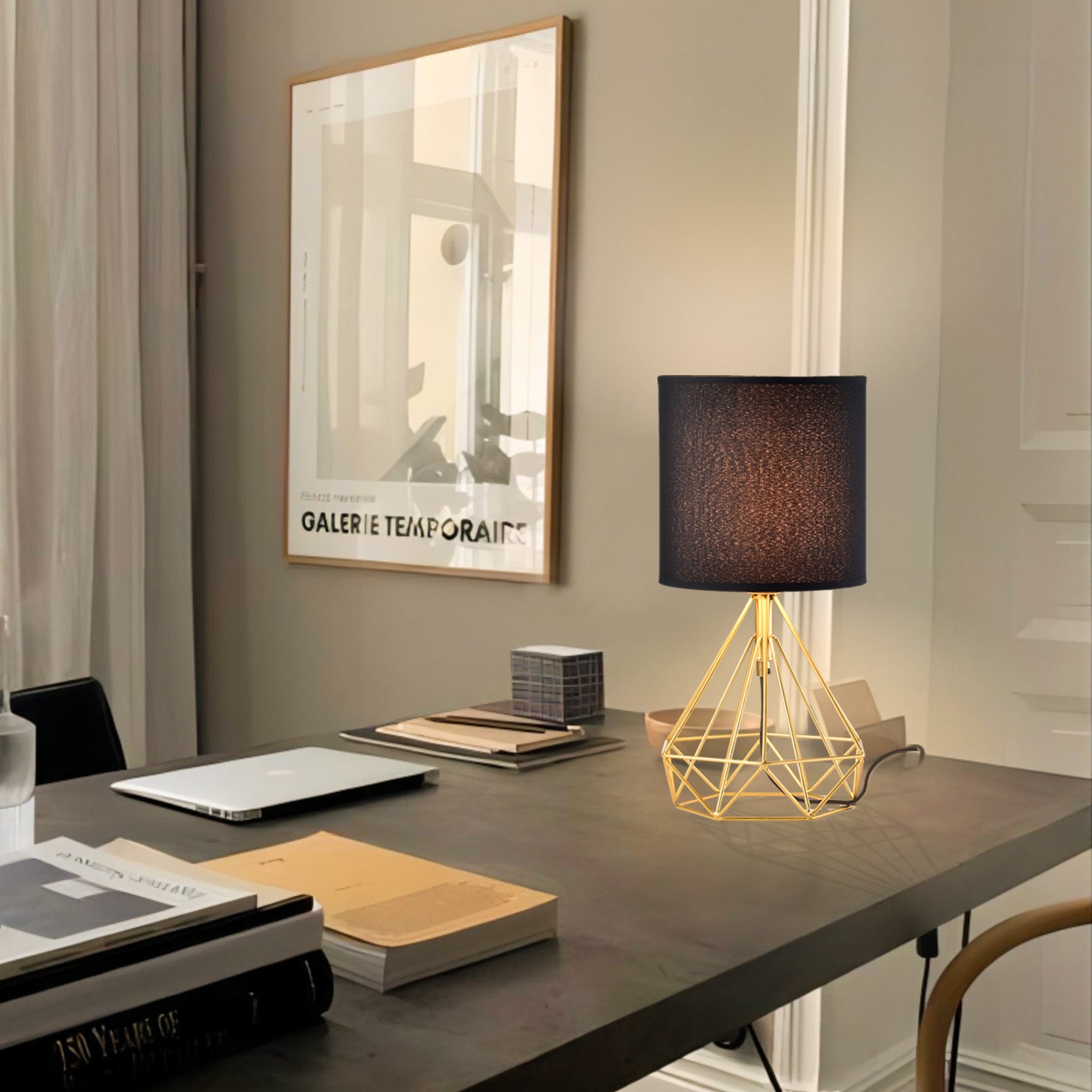 Table Lamp Golden Brick and Stone Shaped Iron Base, Black Lampshade, Plug-In Power Source