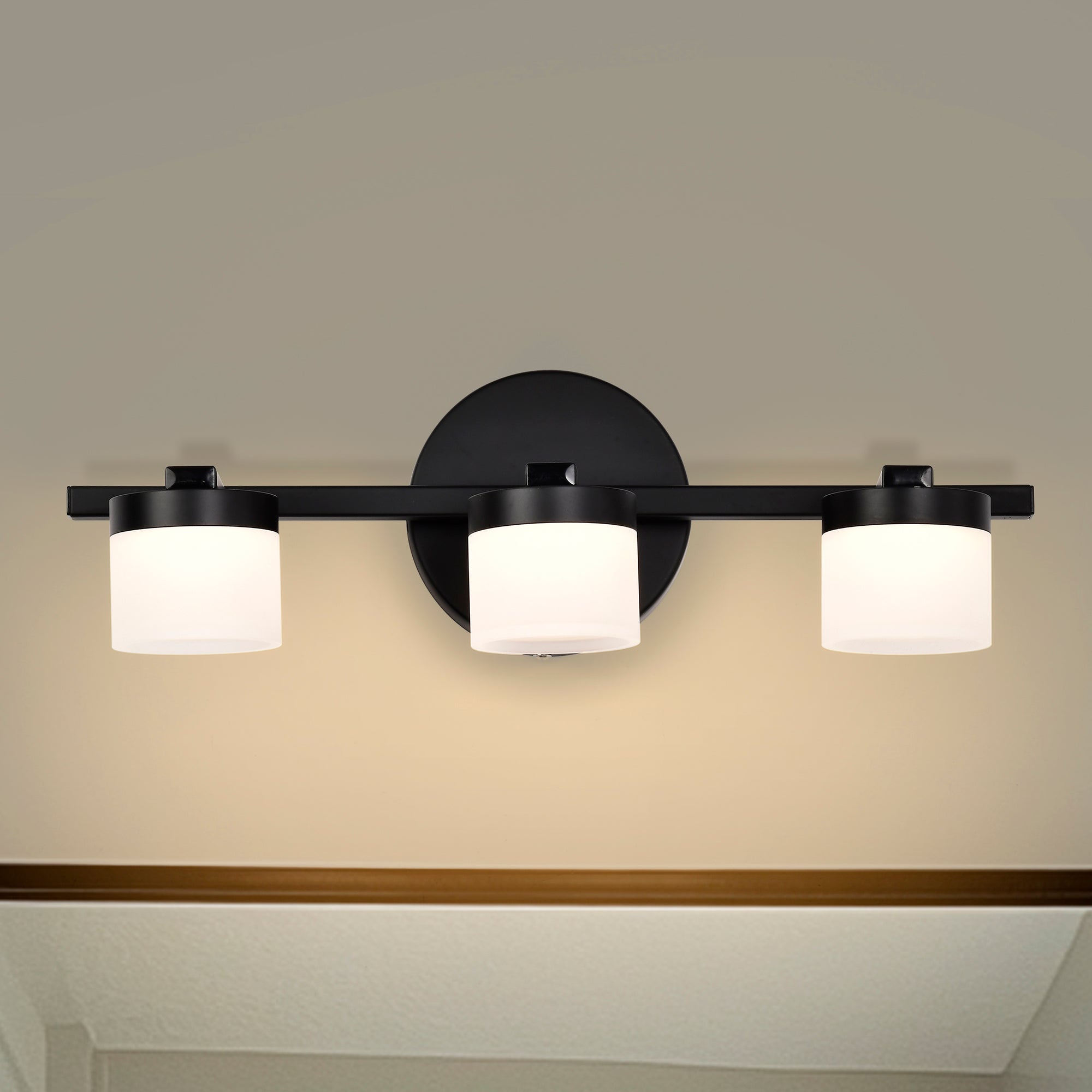 Modern 3-Light LED Bathroom Vanity Light – Matte Black Fixture with Frosted Acrylic Shades, 3000K Warm White, 15.7" Wide, Dimmable
