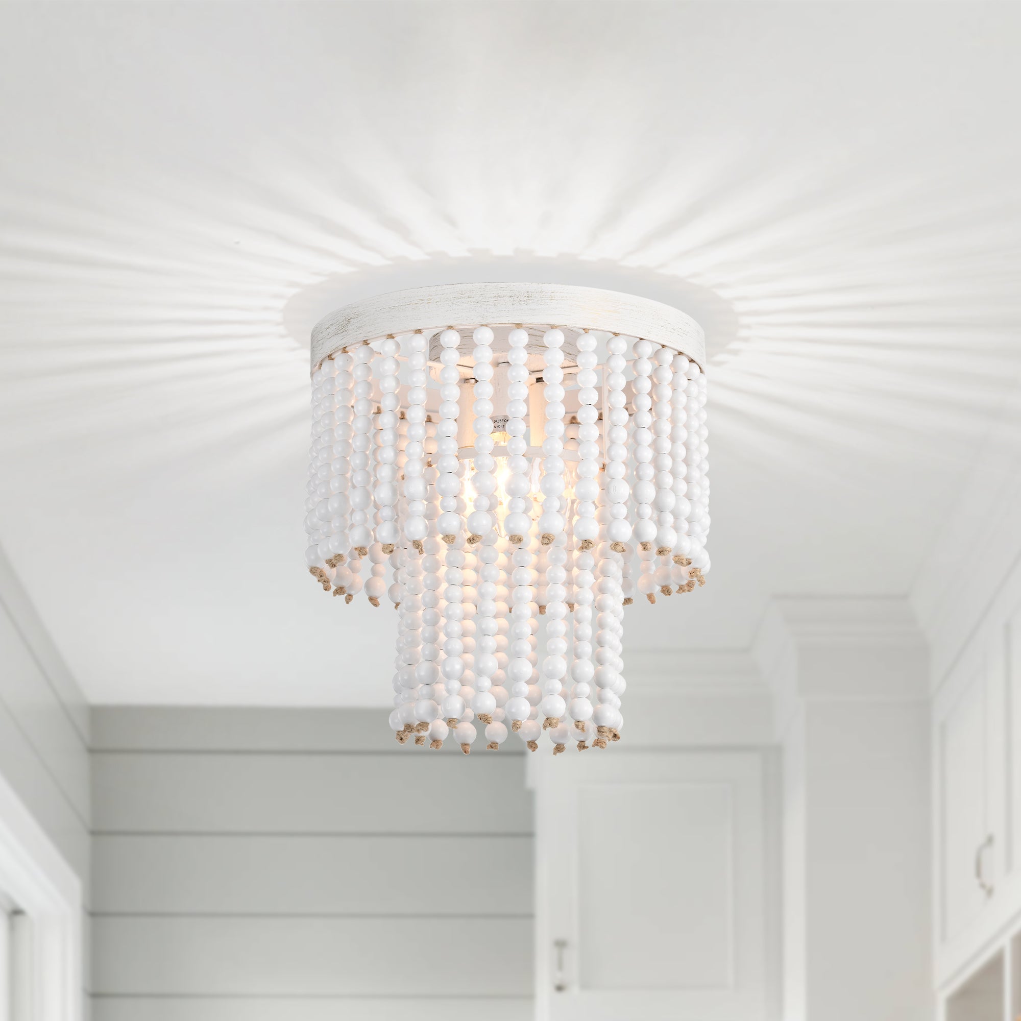 Beaded Flush Mount Ceiling Light Boho Light Fixtures Ceiling 3-Light White Wood Beaded Chandelier