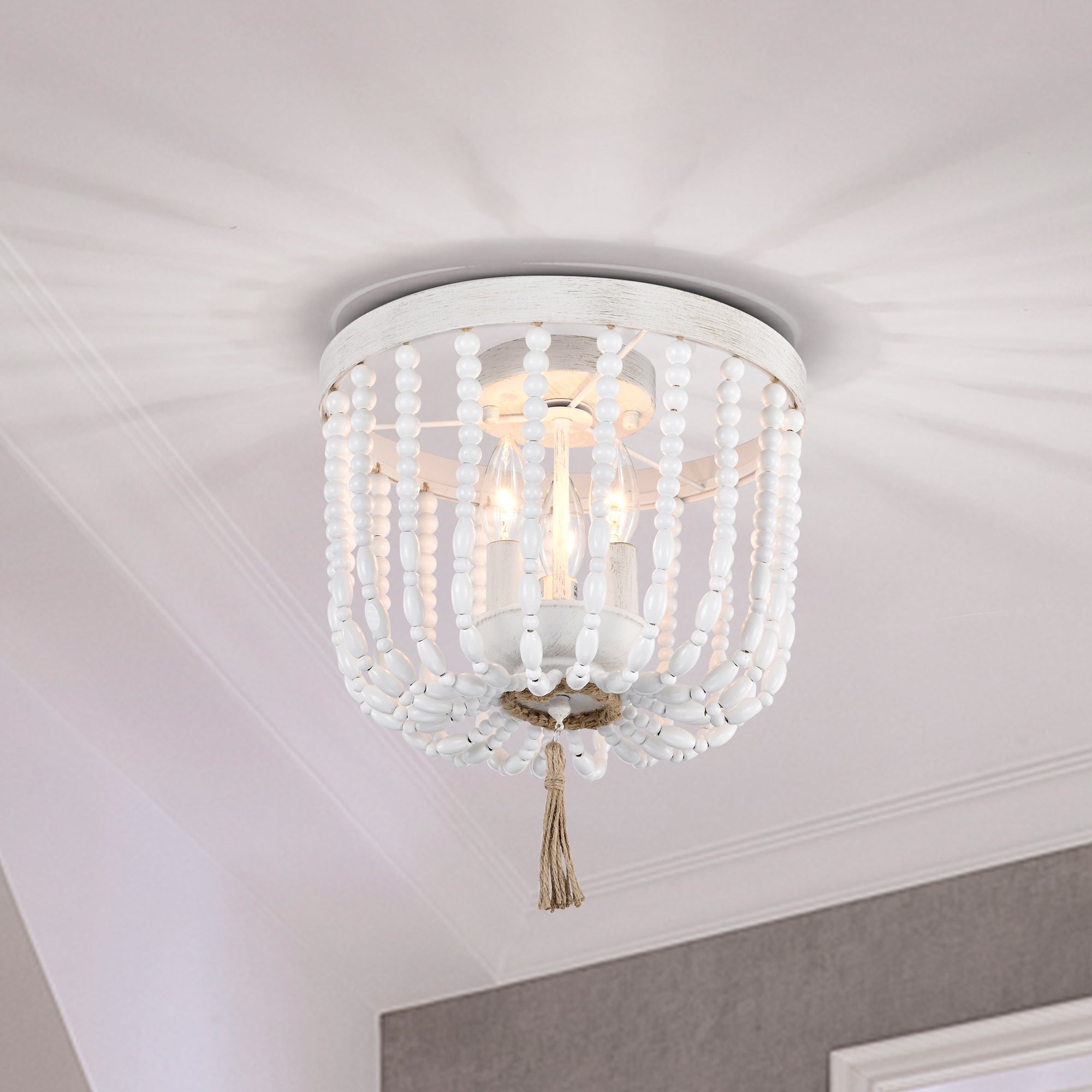 Beaded Chandelier Light Fixture White Wood Bead Flush Mount Chandelier 3-Light Boho Chandelier Light Fixture Ceiling
