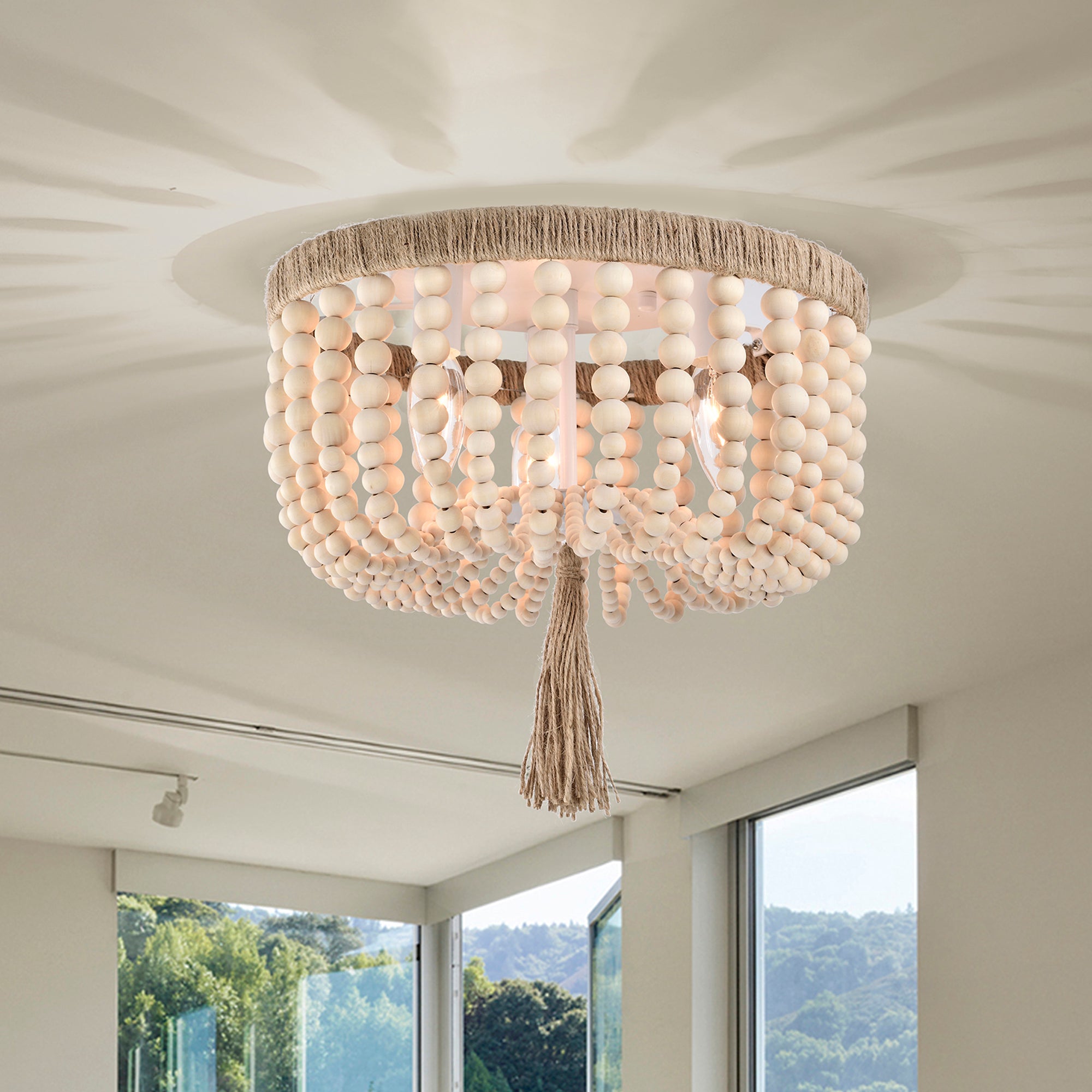 Small Wood Bead Flush Mount Chandelier 3-Light Ceiling Light