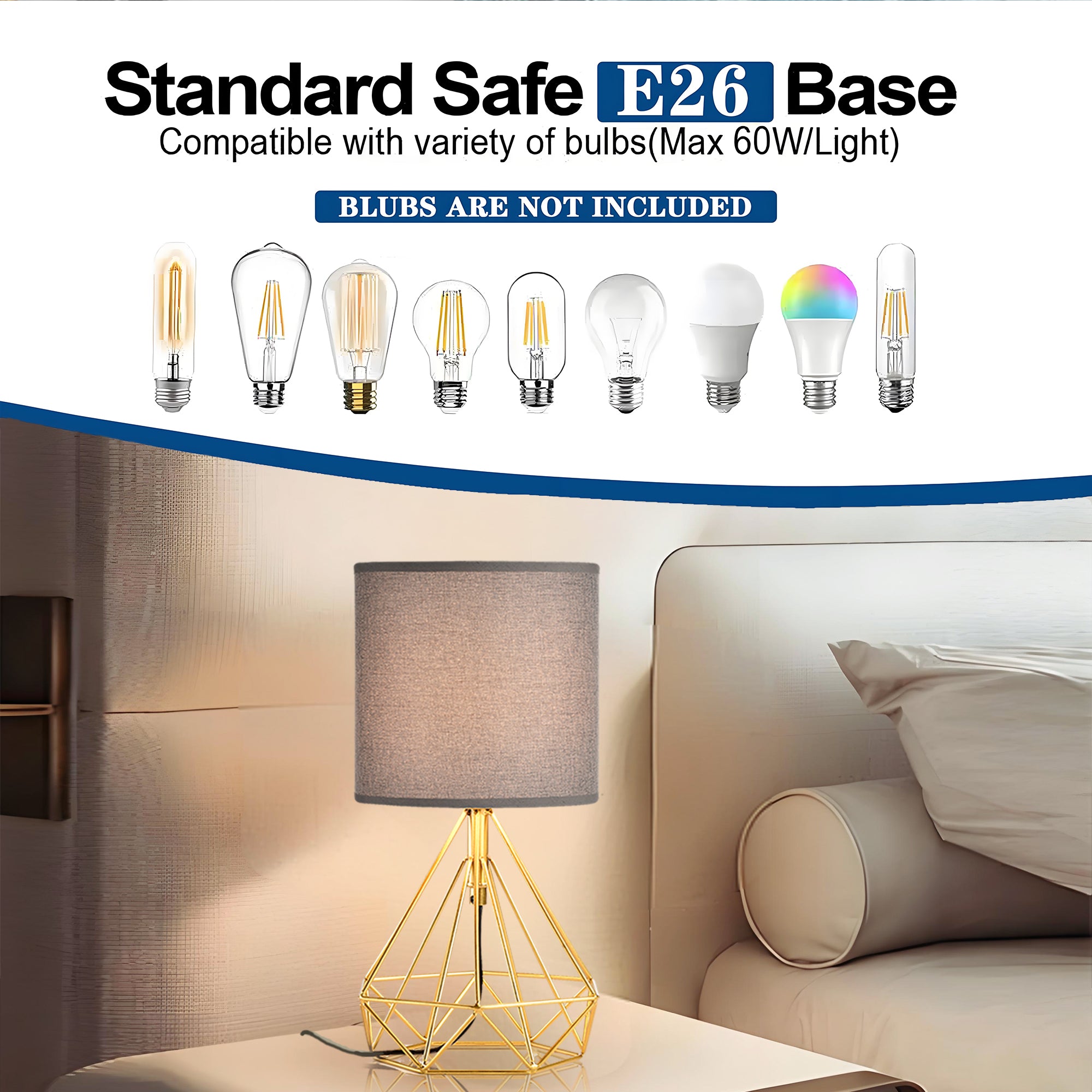Modern Table Lamp Golden Brick and Stone Shaped Iron Base, Grey Lampshade With Plug-In Power Source