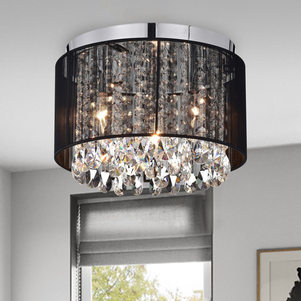 Black Crystal Flush Mount Chandelier 3-Light Drum Ceiling Light