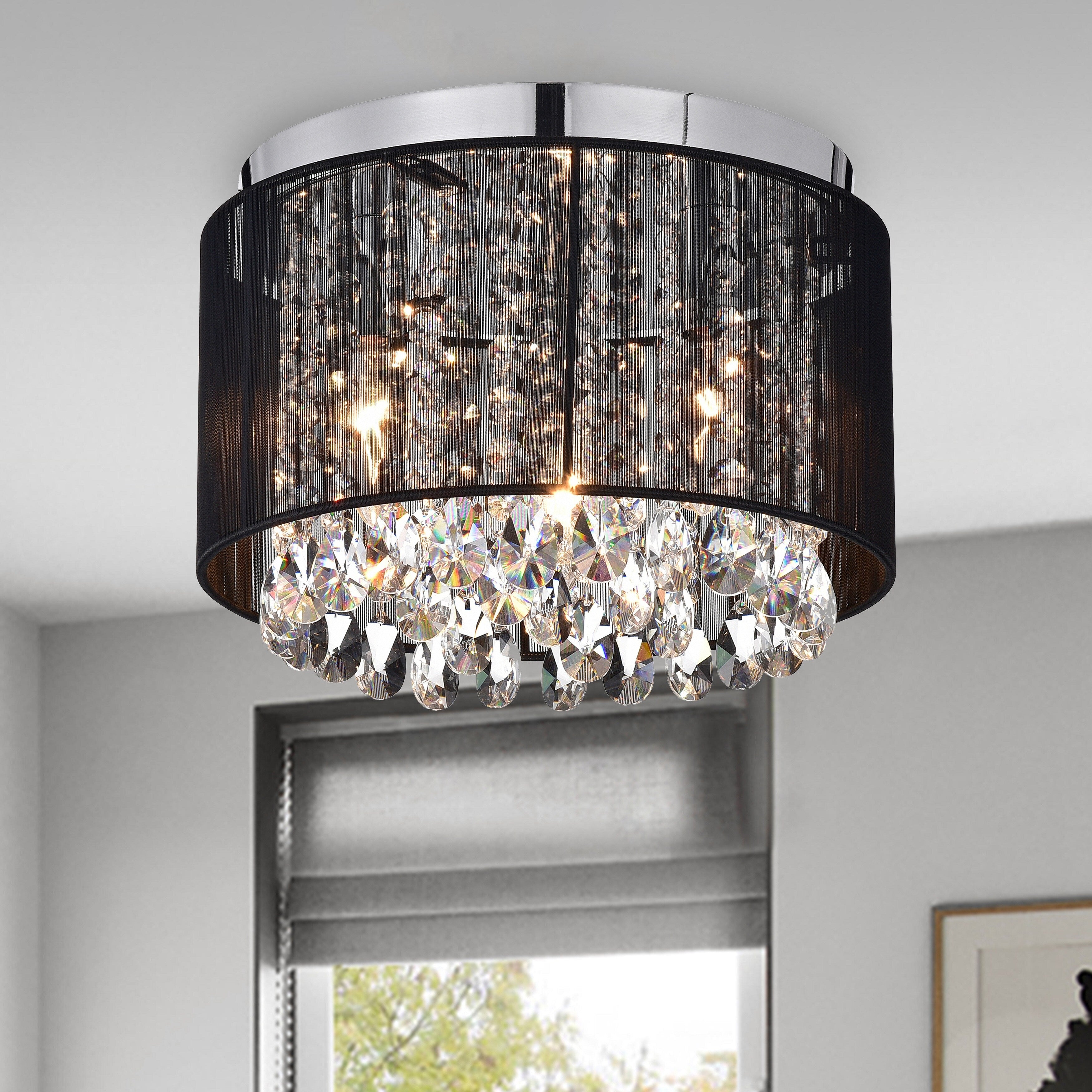 Black Crystal Flush Mount Chandelier 3-Light Drum Ceiling Light