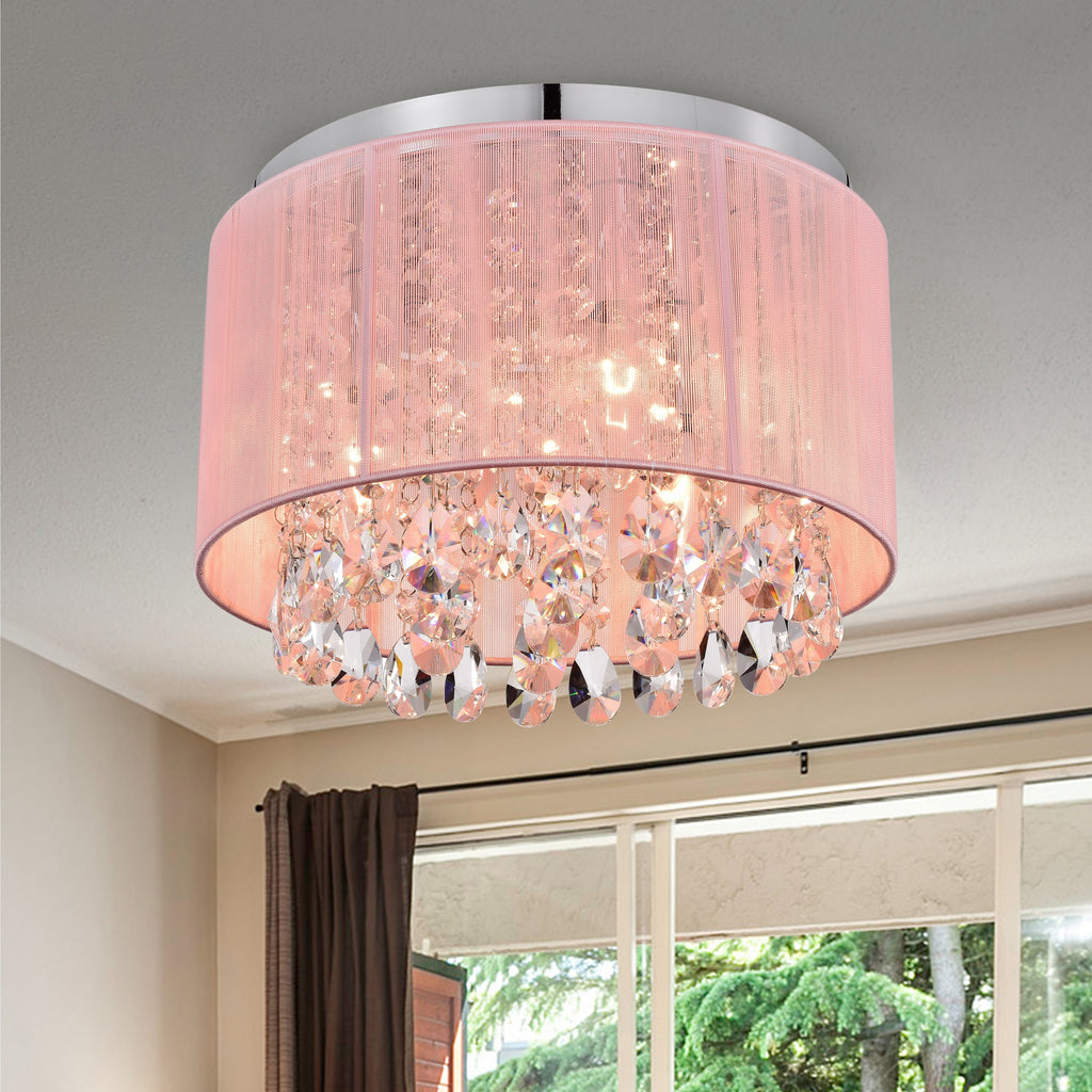Pink Crystal Flush Mount Chandelier 3-Light Drum Ceiling Light