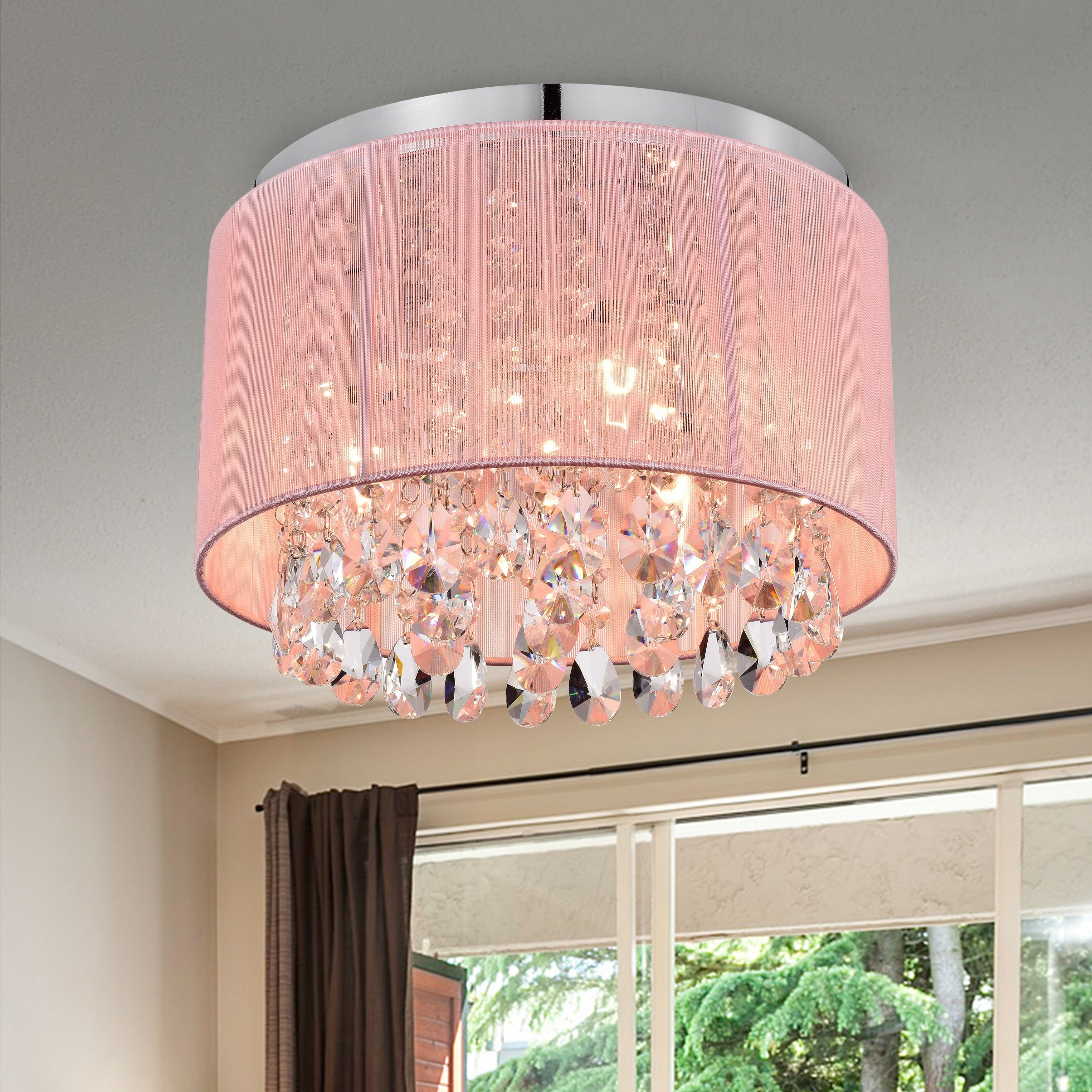 Pink Crystal Flush Mount Chandelier 3-Light Drum Ceiling Light