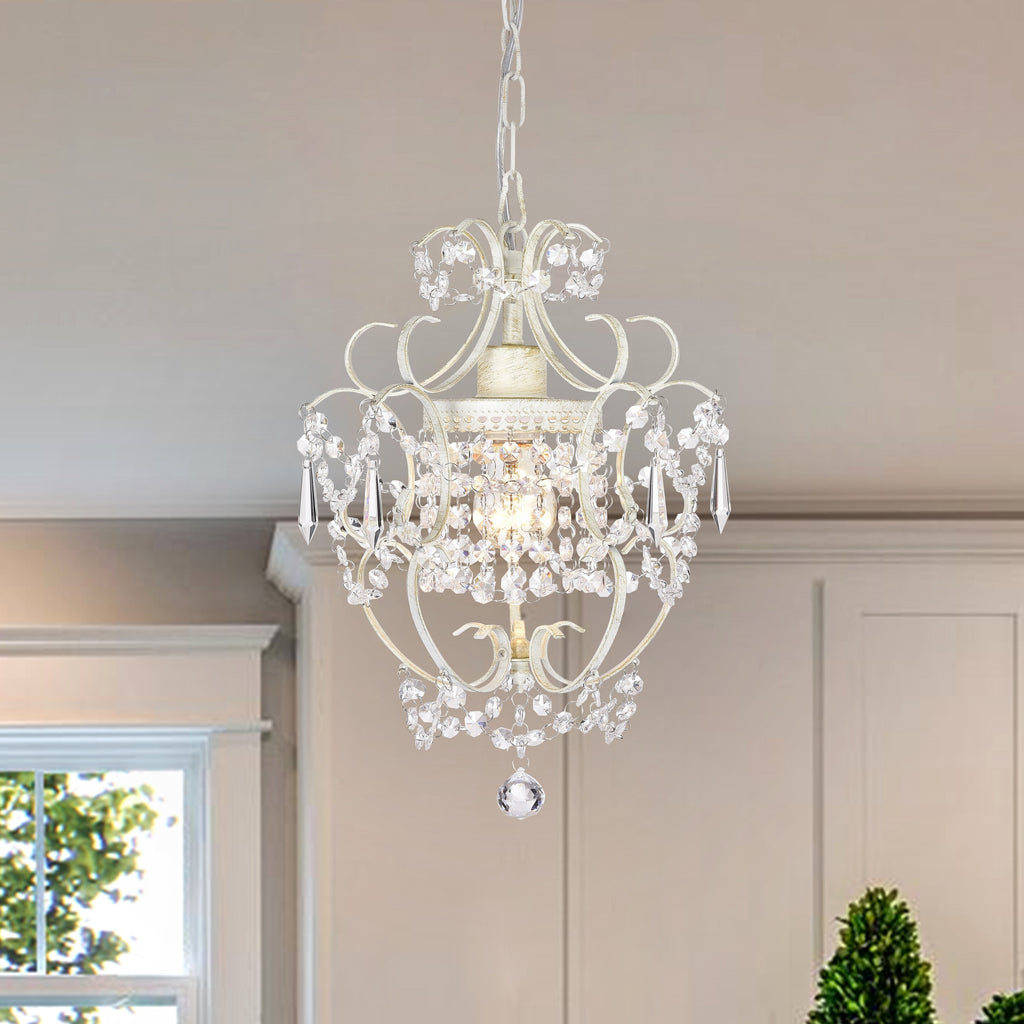 White Small Mini Chandelier with Acrylic Crystals 1-Light Pendant Chandelier