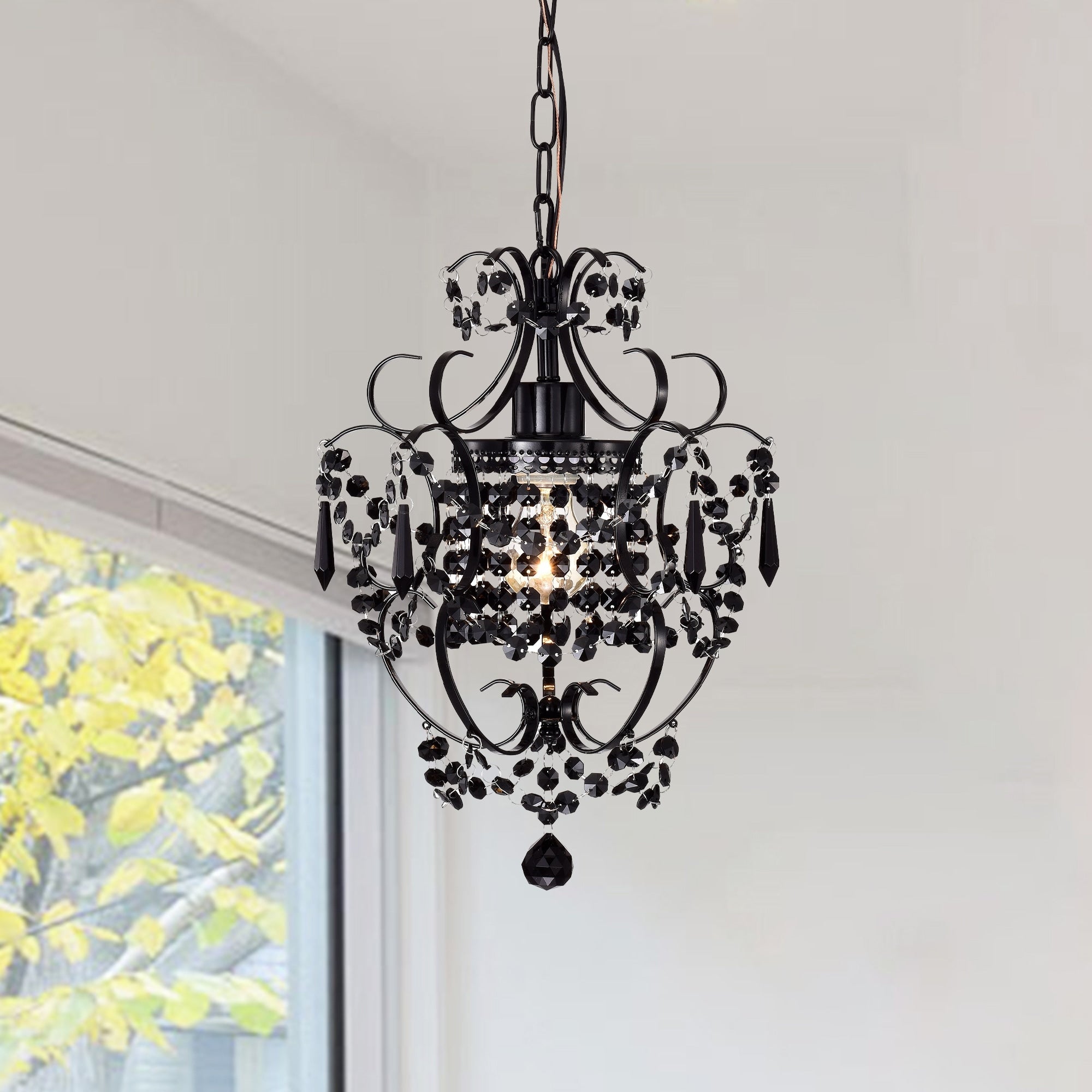Black Small Mini Chandelier with Acrylic Crystals 1-Light Pendant Chandelier