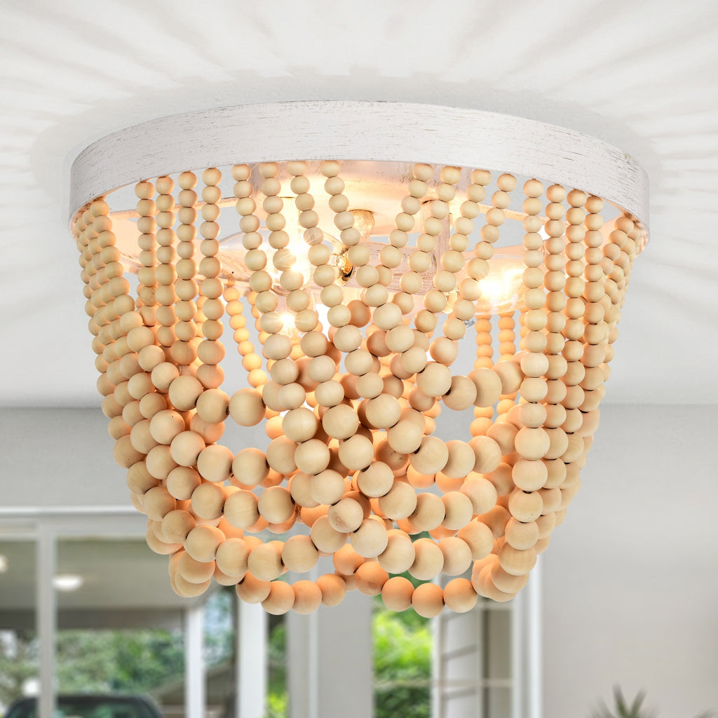 Small Wood Beads Chandelier 3-Light Flush Mount Ceiling Light