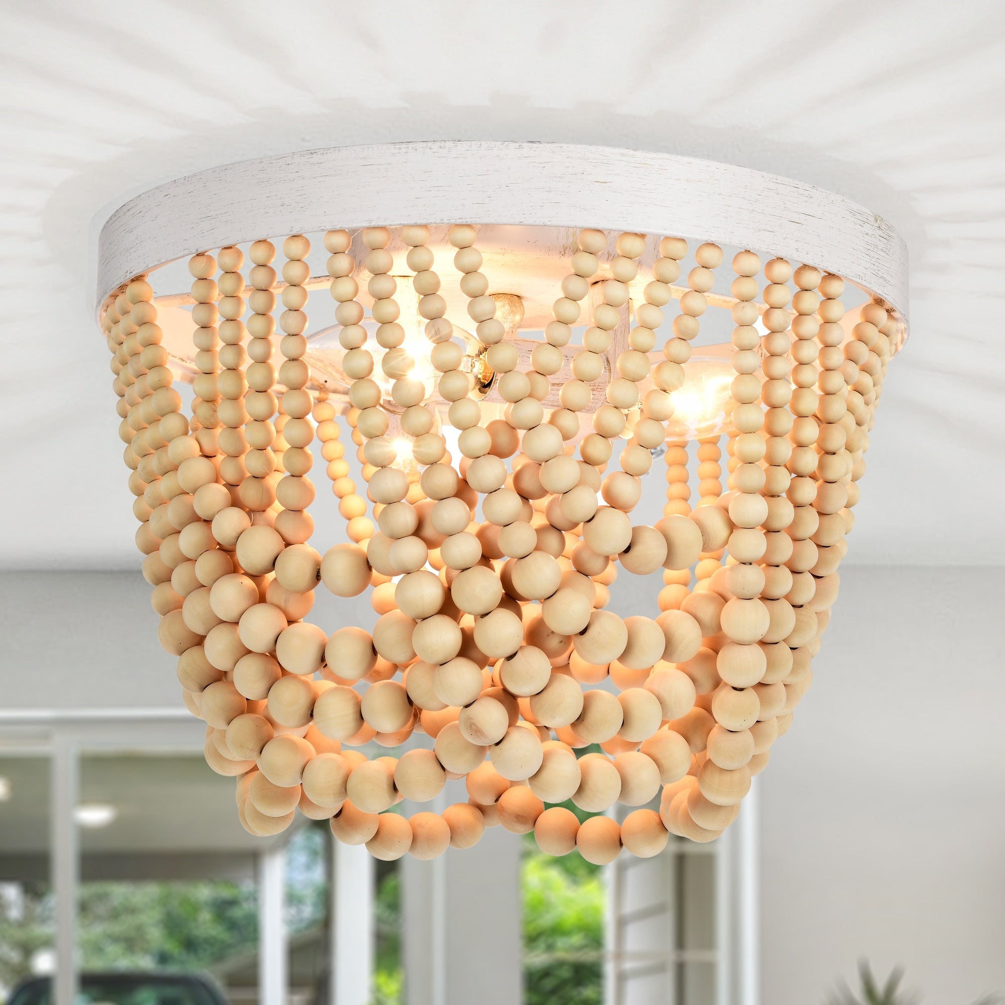 Small Wood Beads Chandelier 3-Light Flush Mount Ceiling Light