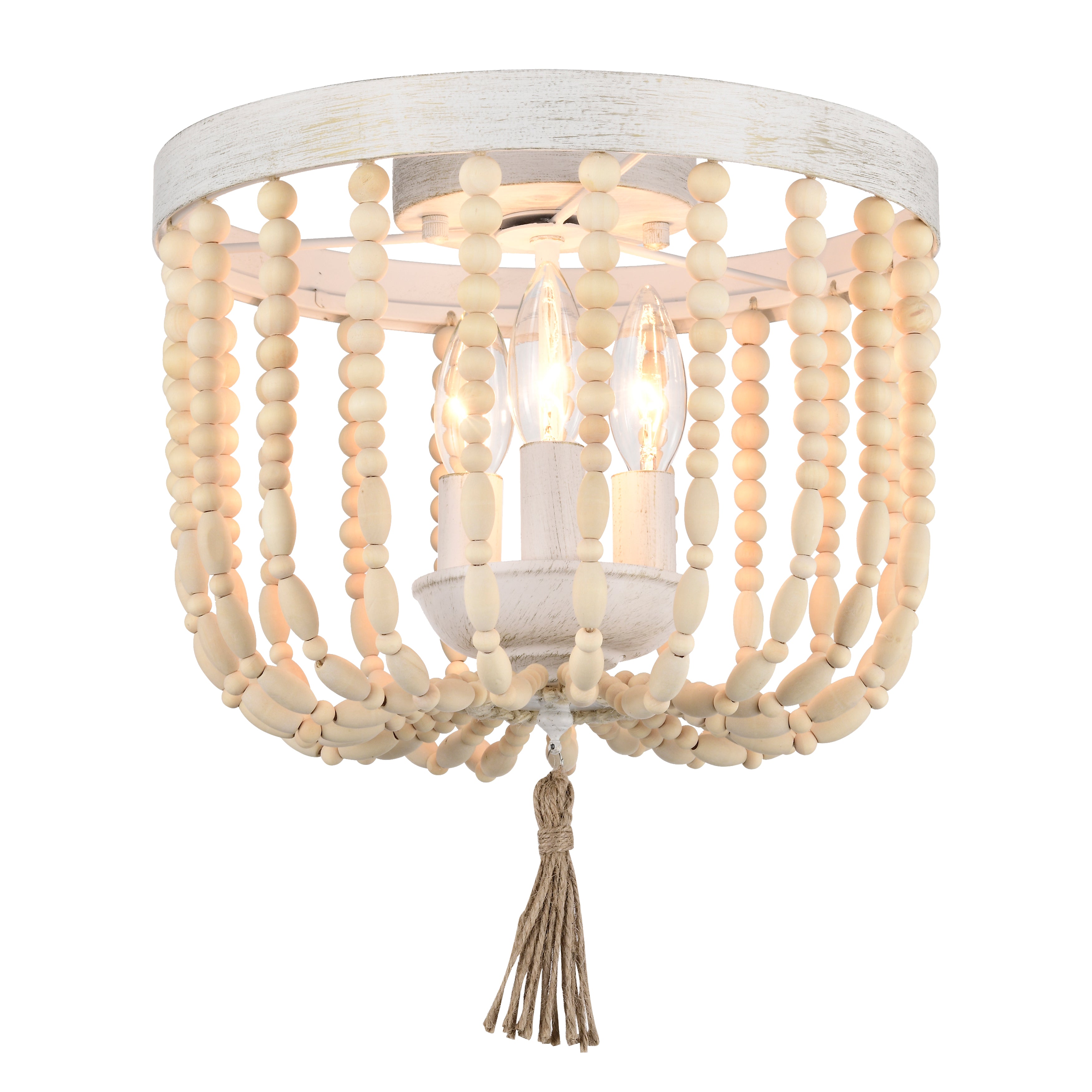 Wood Beaded Flush Mount Ceiling Light Boho Chandeliers Light Fixture 3 Light