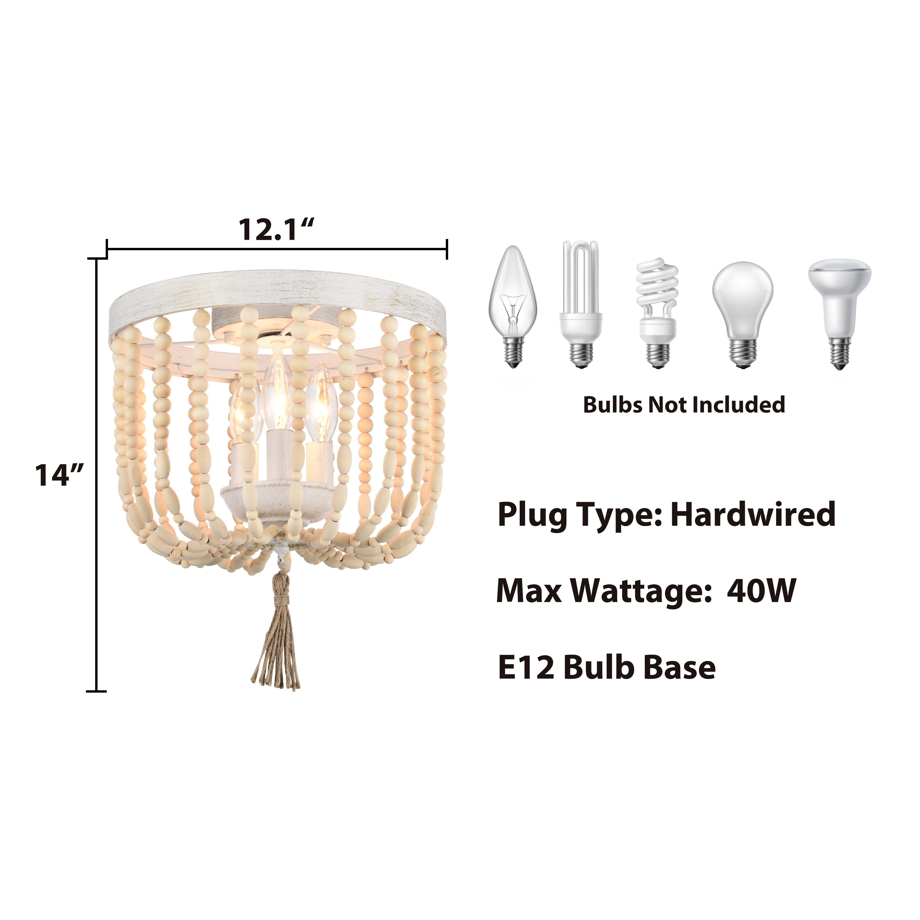Wood Beaded Flush Mount Ceiling Light Boho Chandeliers Light Fixture 3 Light