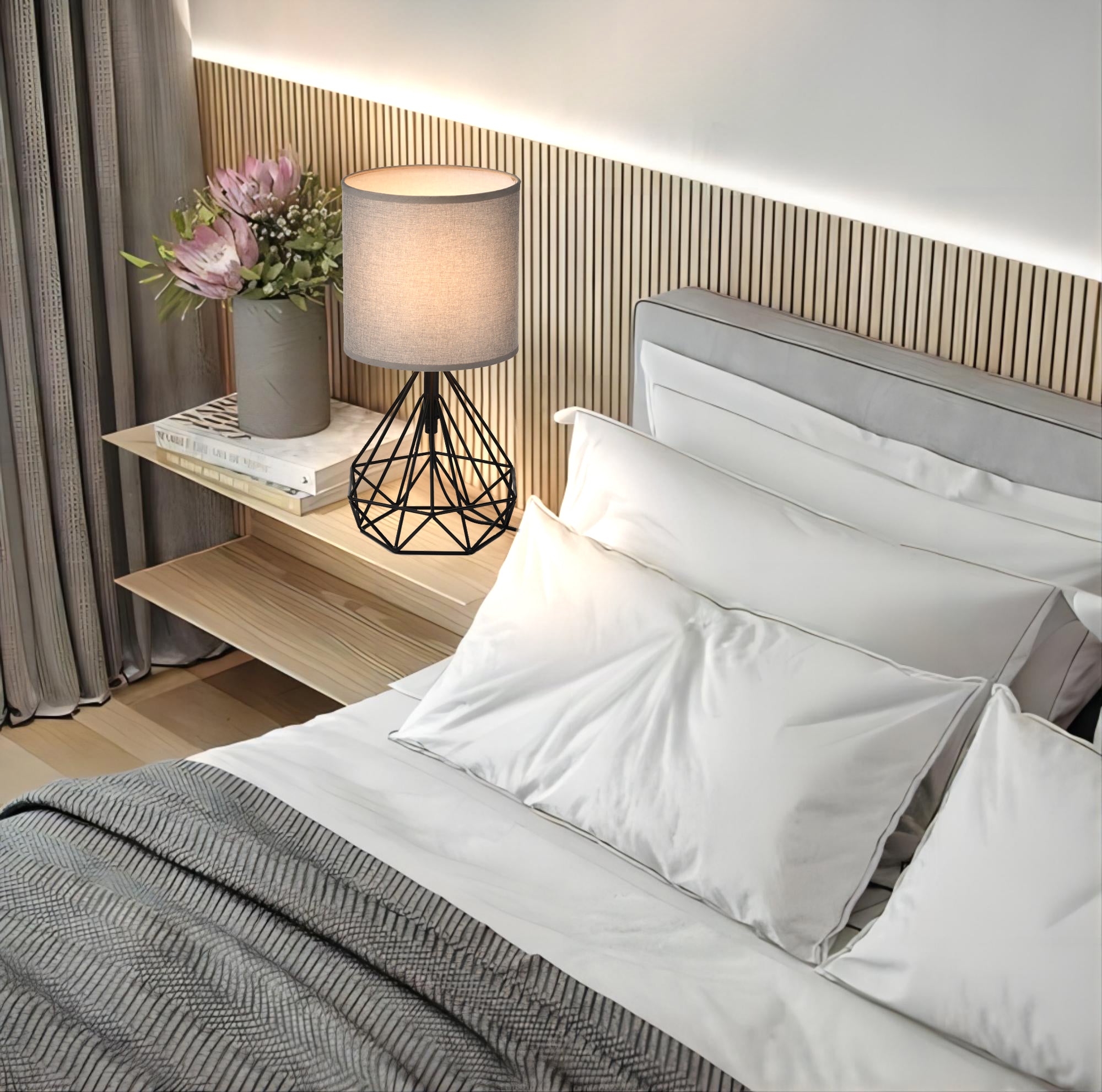 Modern Table Lamp With Black Iron Base, Gray Lampshade And Plug-In Power Source