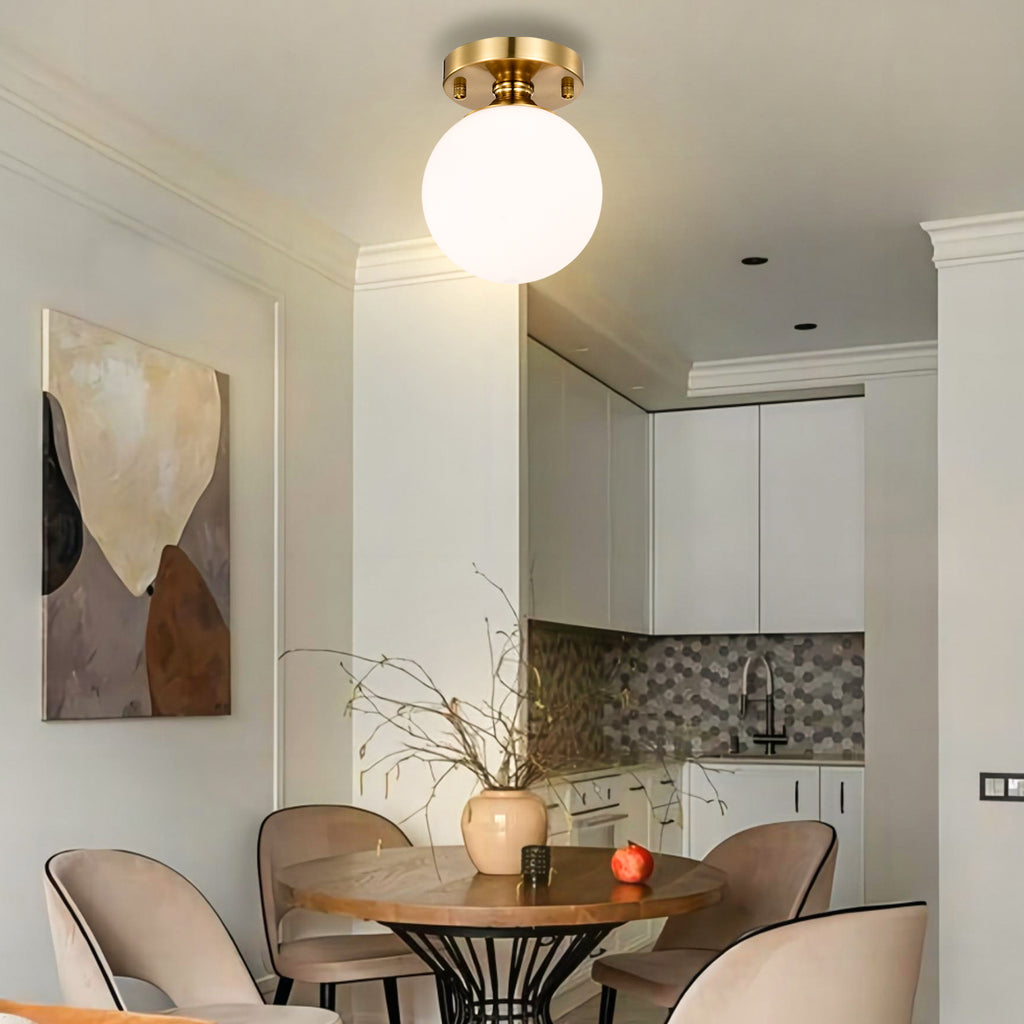 Modern Gold Flush Mount Ceiling Light with White Glass Globe, E12 Base Indoor Ceiling Lamp for Bedroom, Hallway & Kitchen,150mm