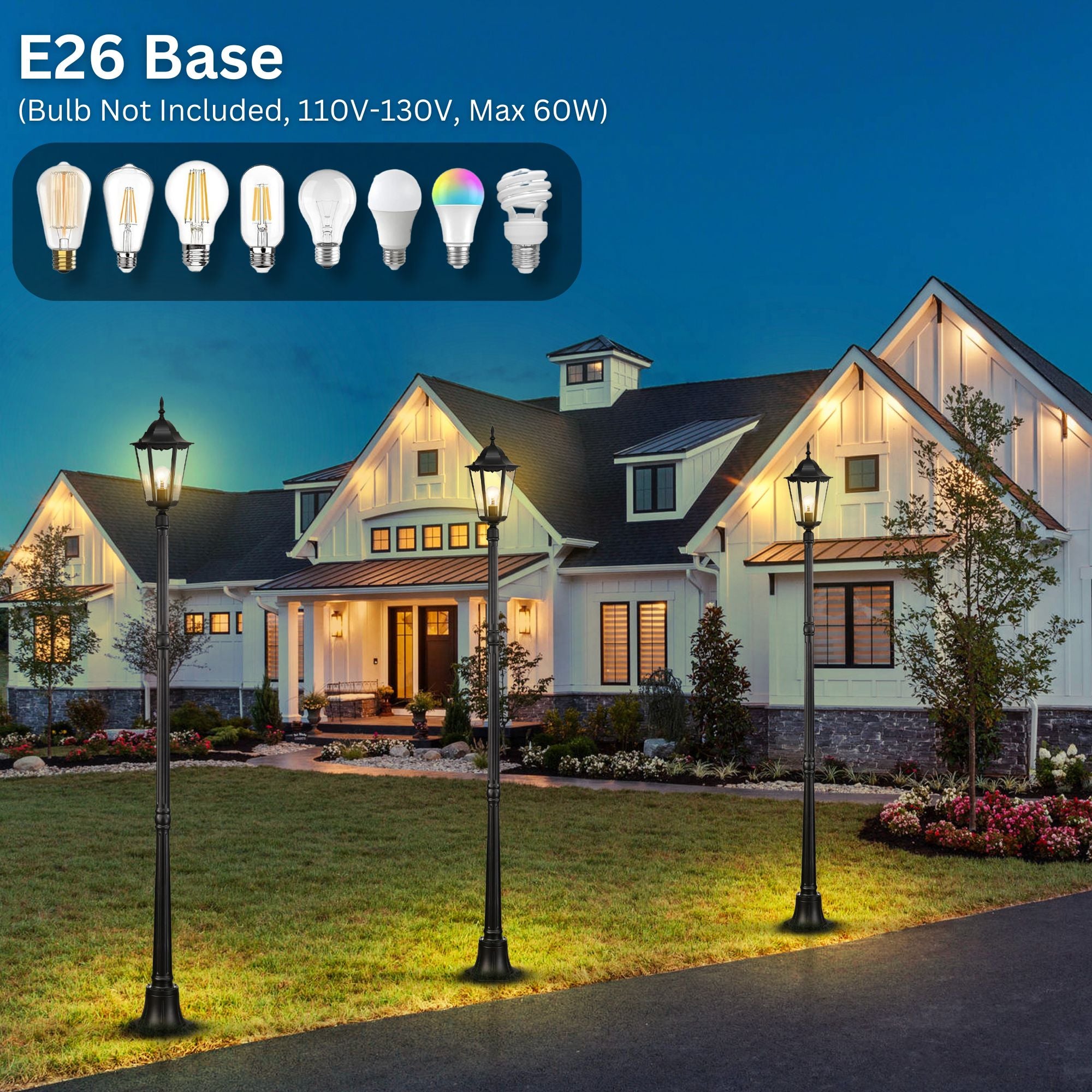 Post Light Fixture Pole Lantern With Die-Cast Aluminum, Waterproof Outdoor Post Light Fixtures Black With Tempered Clear Glass, Non Adjustable, Sturdy Metal Base