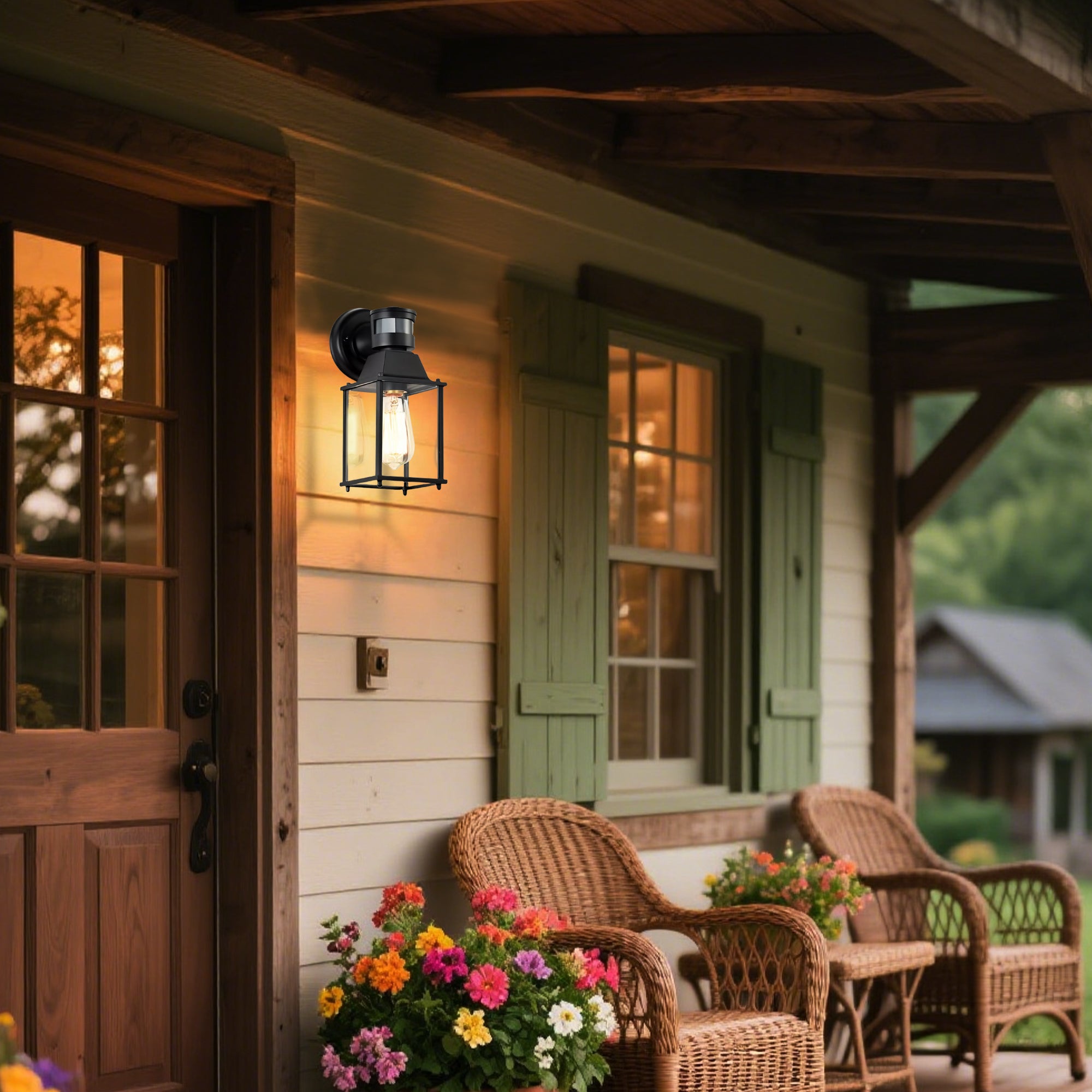 COTTAGE LIFE Motion Sensor Outdoor Wall Lights, Black Porch Lantern with Glass Shade, E26 Base, 2-Pack