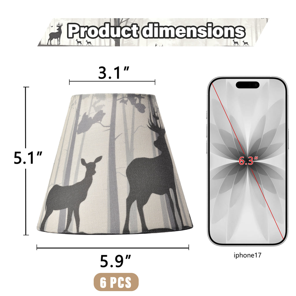 Chandelier Shades Set of 6, Clip-On Small Empire Lamp Shades for E12 Candelabra Bulbs, Forest Deer Printed Fabric