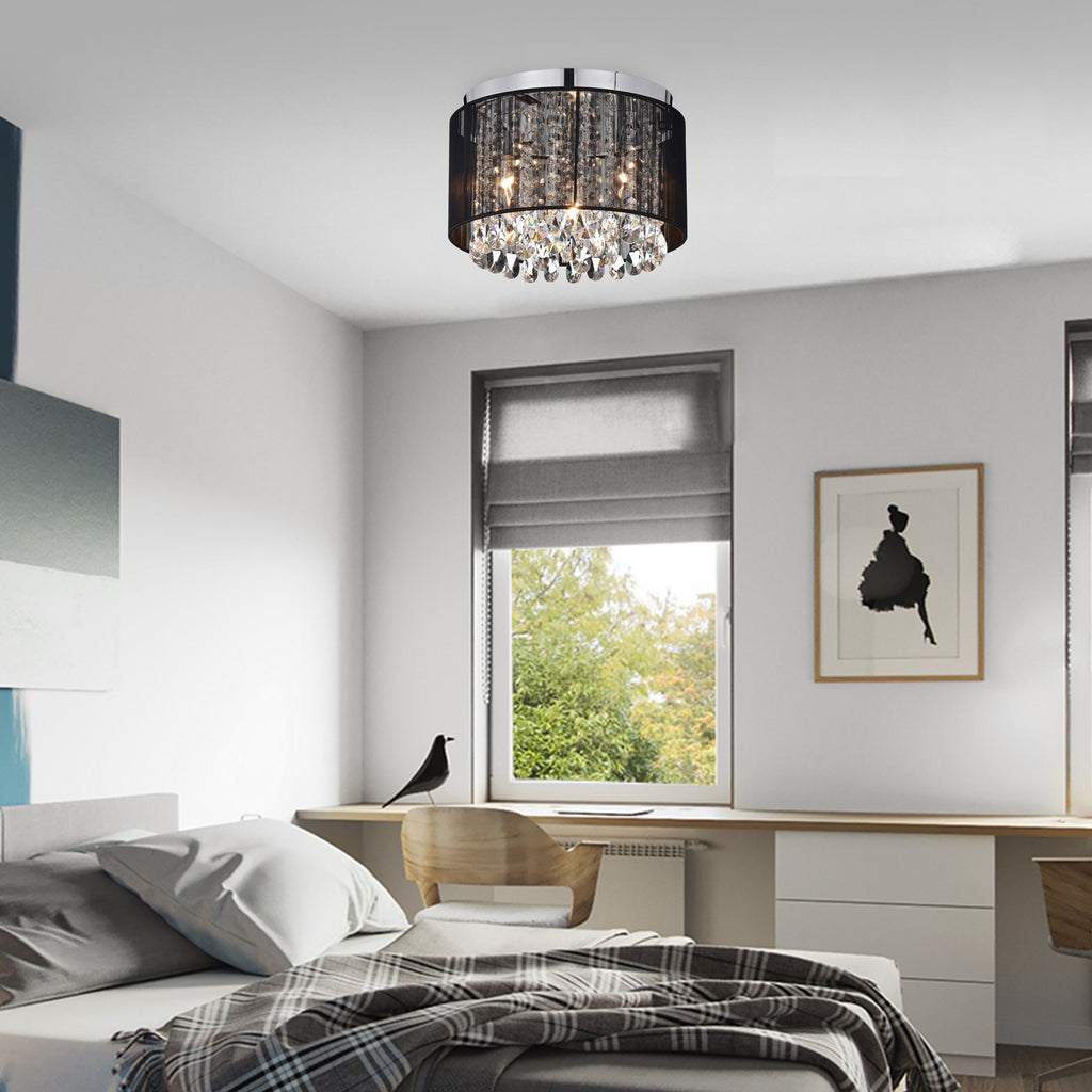 Black Crystal Flush Mount Chandelier 3-Light Drum Ceiling Light