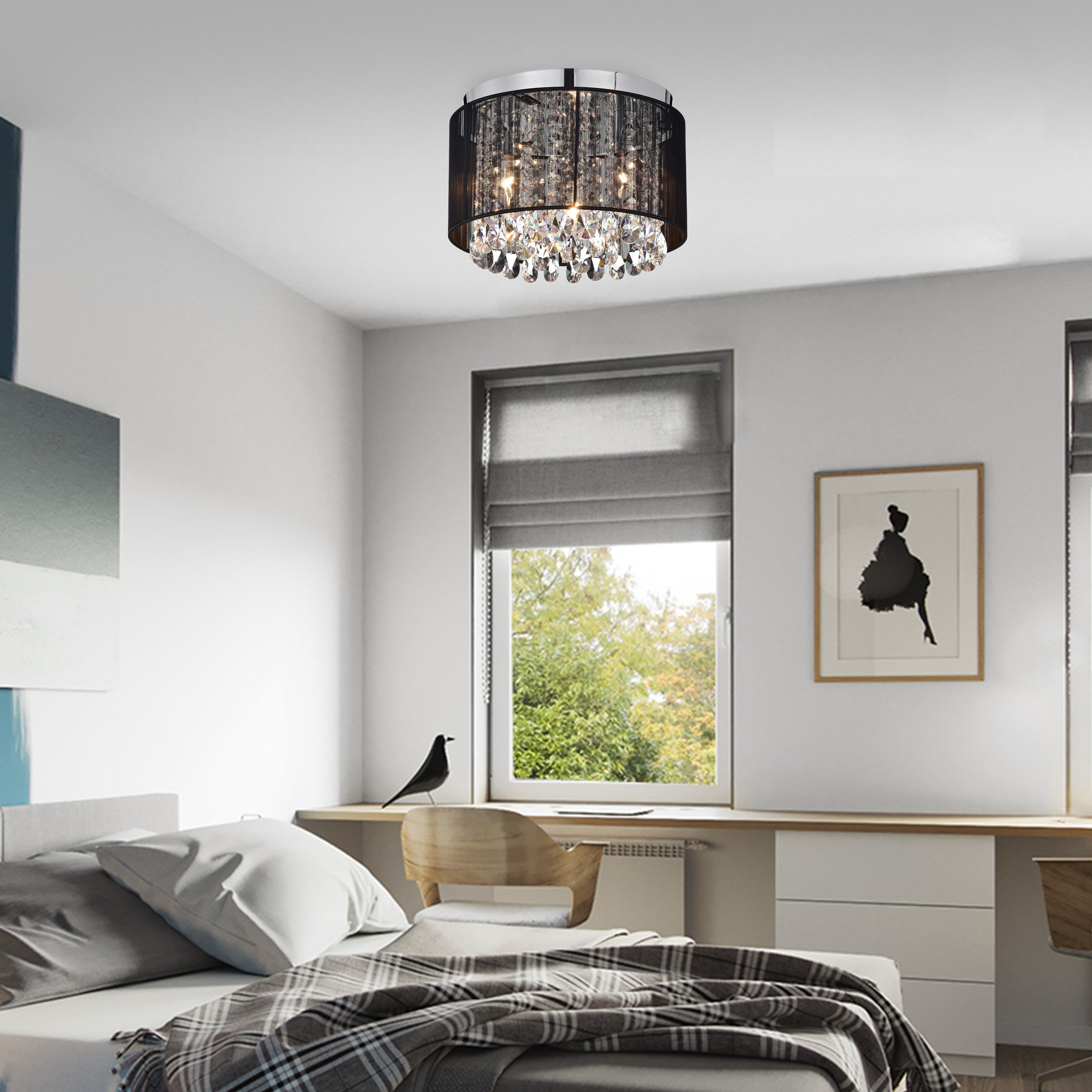 Black Crystal Flush Mount Chandelier 3-Light Drum Ceiling Light