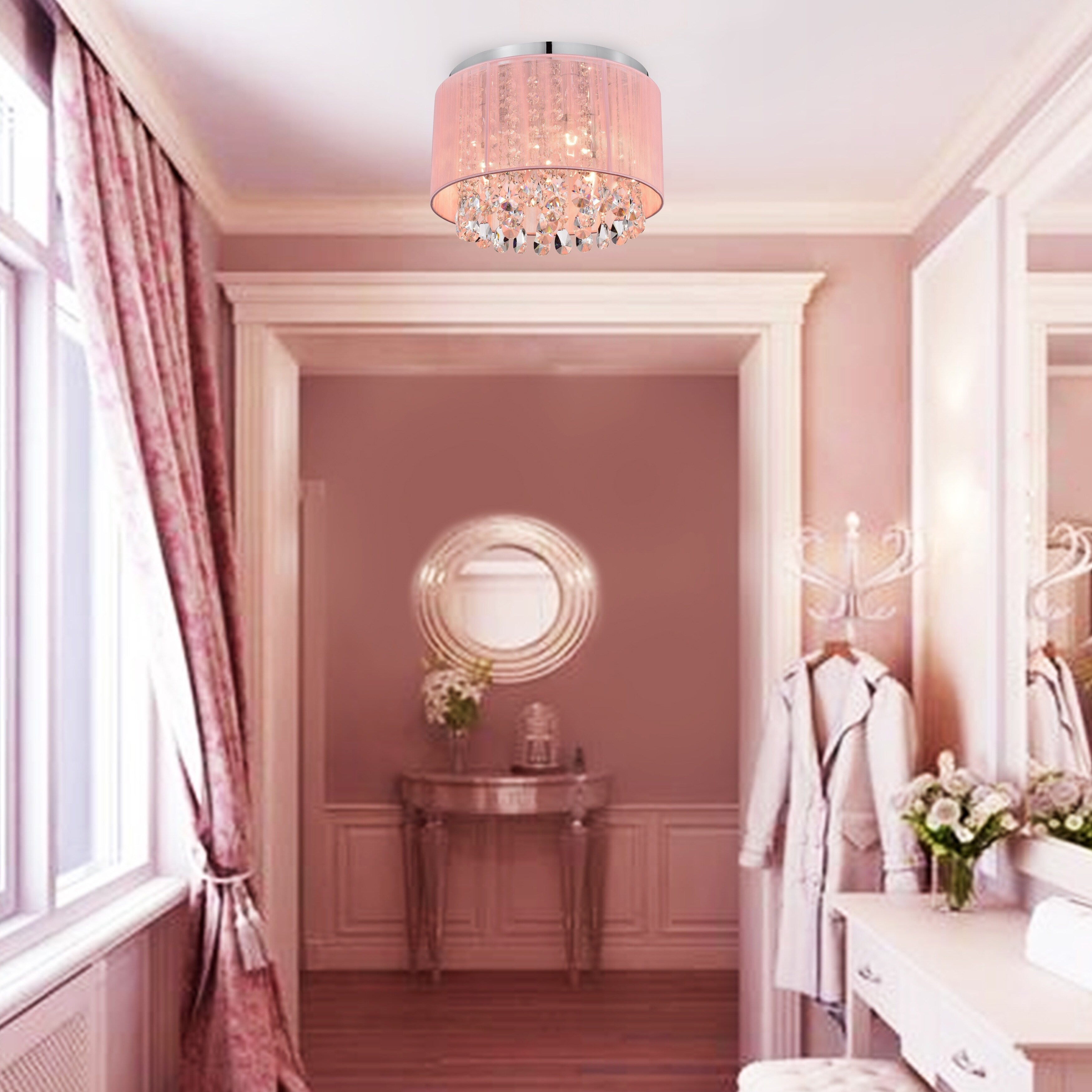 Pink Crystal Flush Mount Chandelier 3-Light Drum Ceiling Light