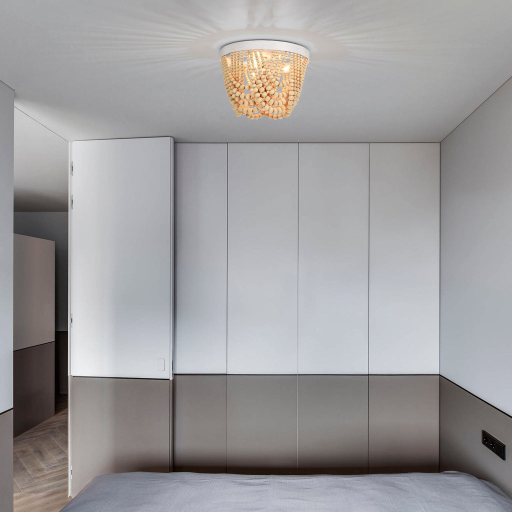 Small Wood Beads Chandelier 3-Light Flush Mount Ceiling Light