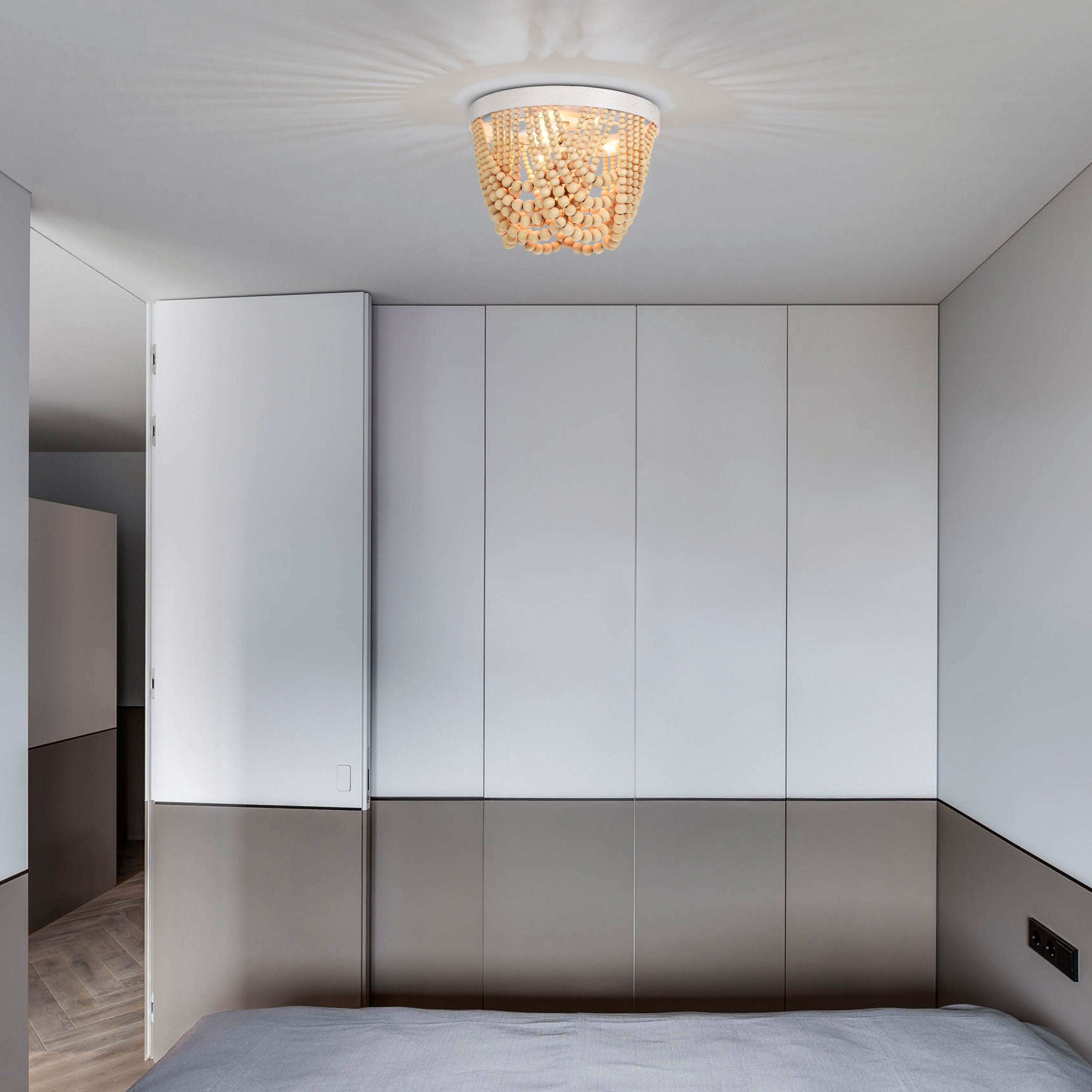 Small Wood Beads Chandelier 3-Light Flush Mount Ceiling Light