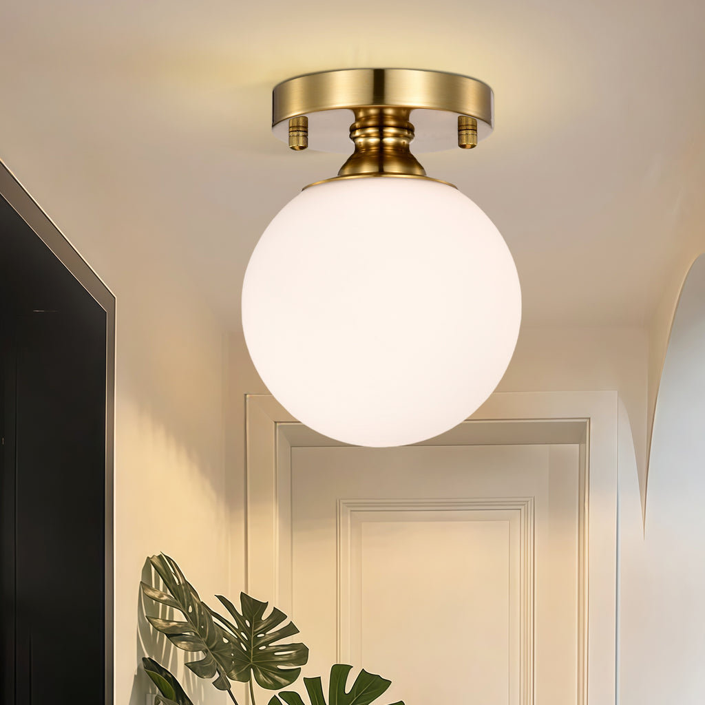 Modern Gold Flush Mount Ceiling Light with White Glass Globe, E12 Base Indoor Ceiling Lamp for Bedroom, Hallway & Kitchen,150mm