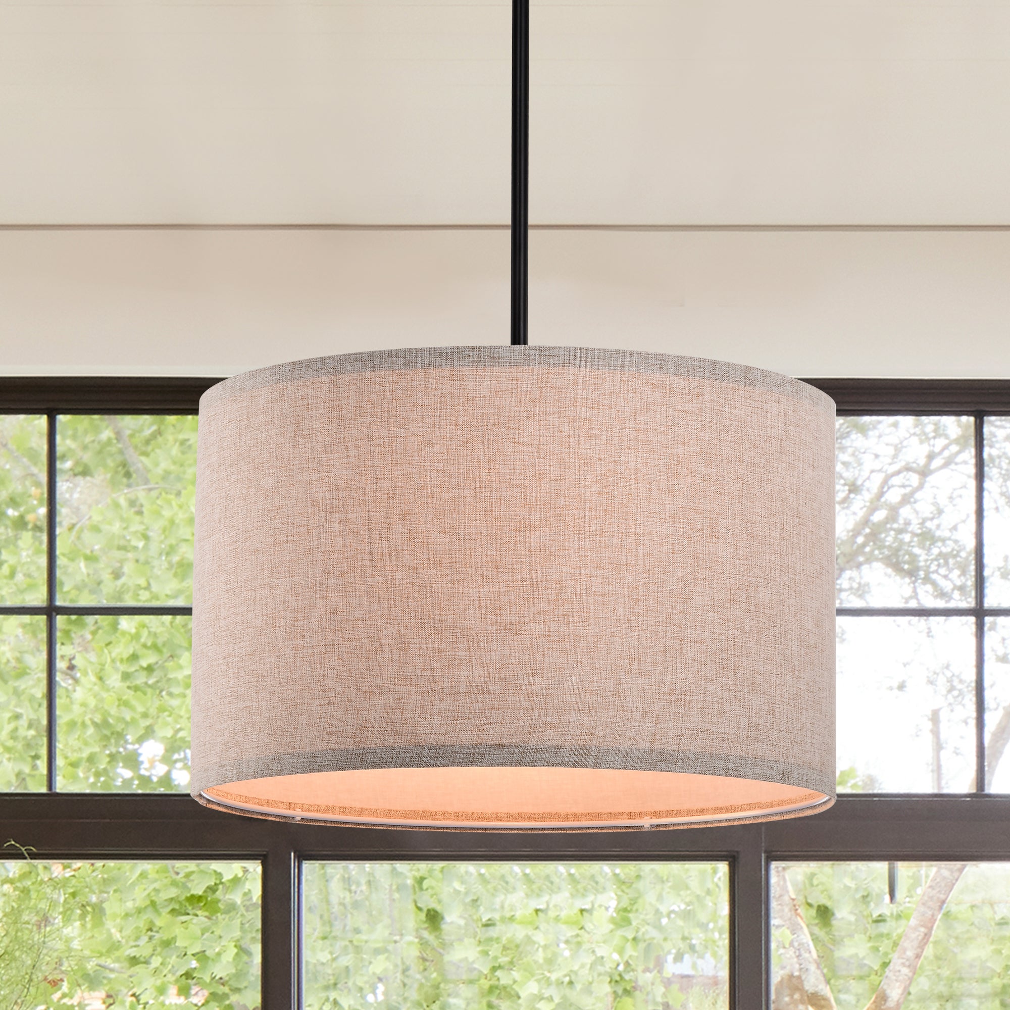 White Modern Drum Linen Semi-Flush Mount Light for living room