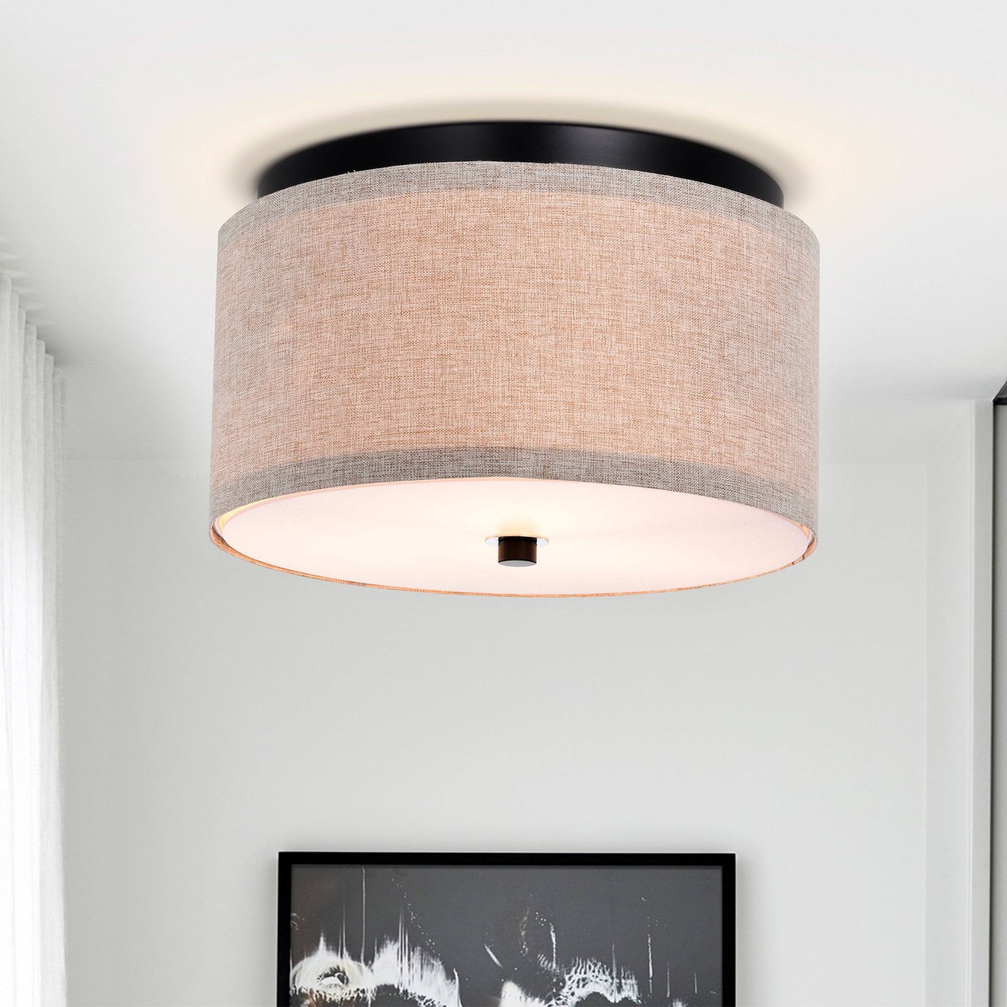 White Modern Drum Linen Semi-Flush Mount Light for hotel rooms