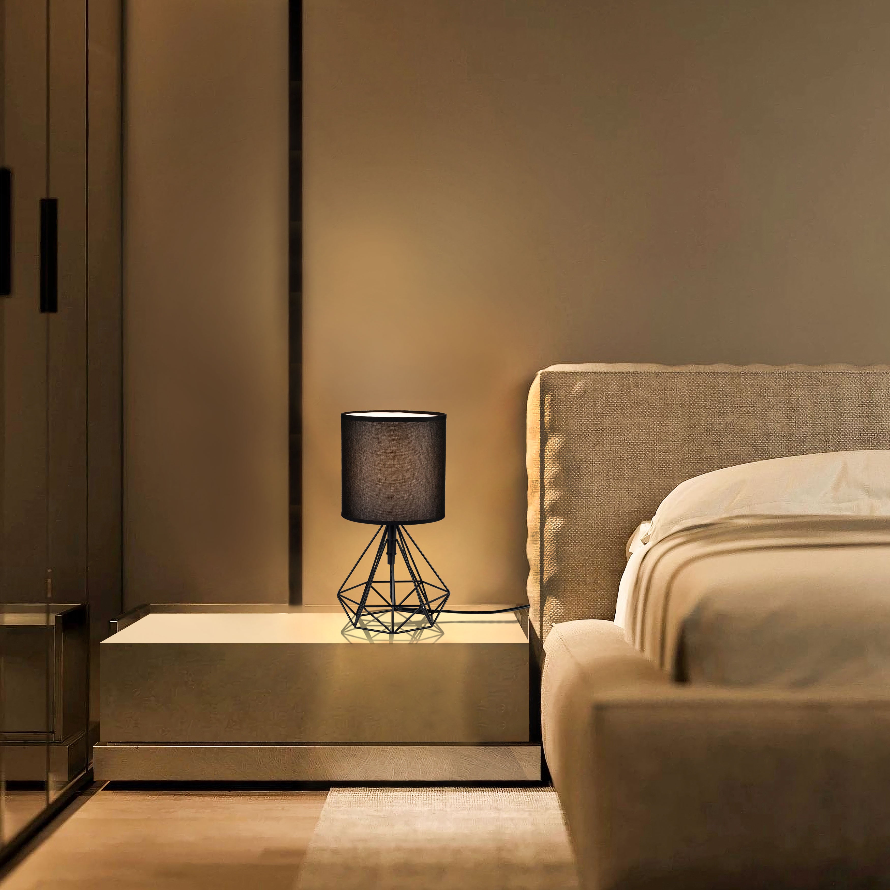 Black Modern Table Lamp Geometric Metal Base with Fabric Shade