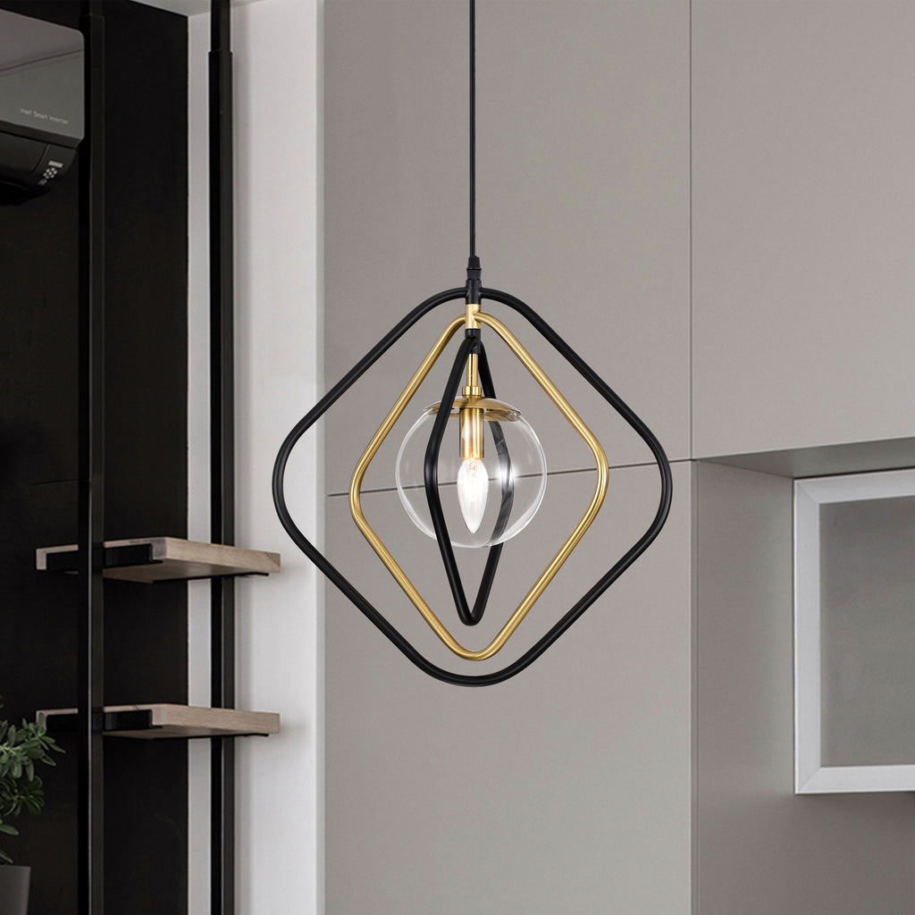 Black&Gold Pendant Light with Clear Globe Glass Lampshade for Bedroom Room