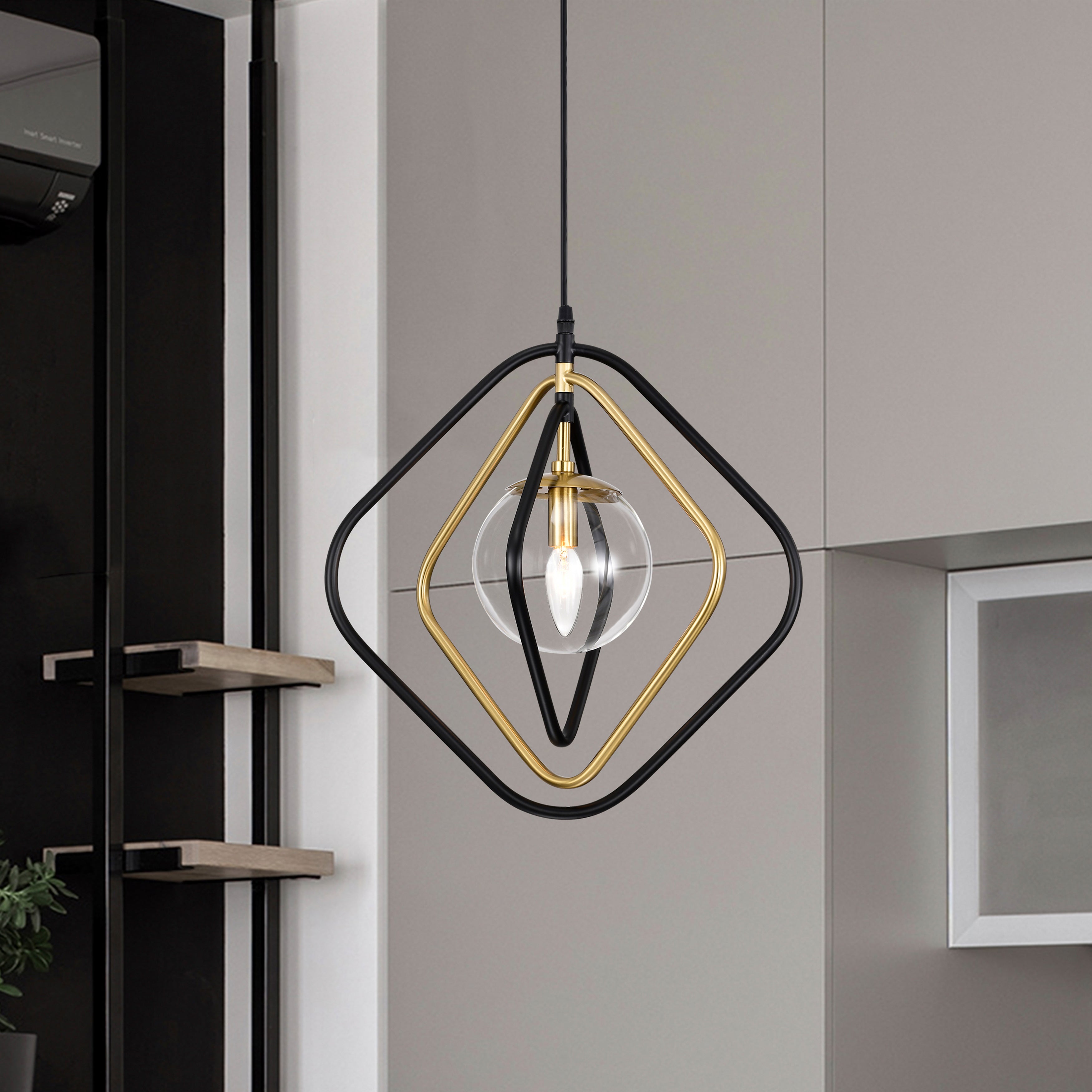 Black&Gold Pendant Light with Clear Globe Glass Lampshade for Bedroom Room