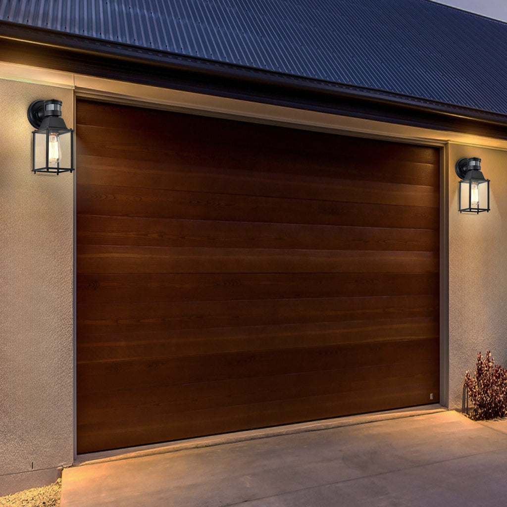 COTTAGE LIFE Motion Sensor Outdoor Wall Lights, Black Porch Lantern with Glass Shade, E26 Base, 2-Pack