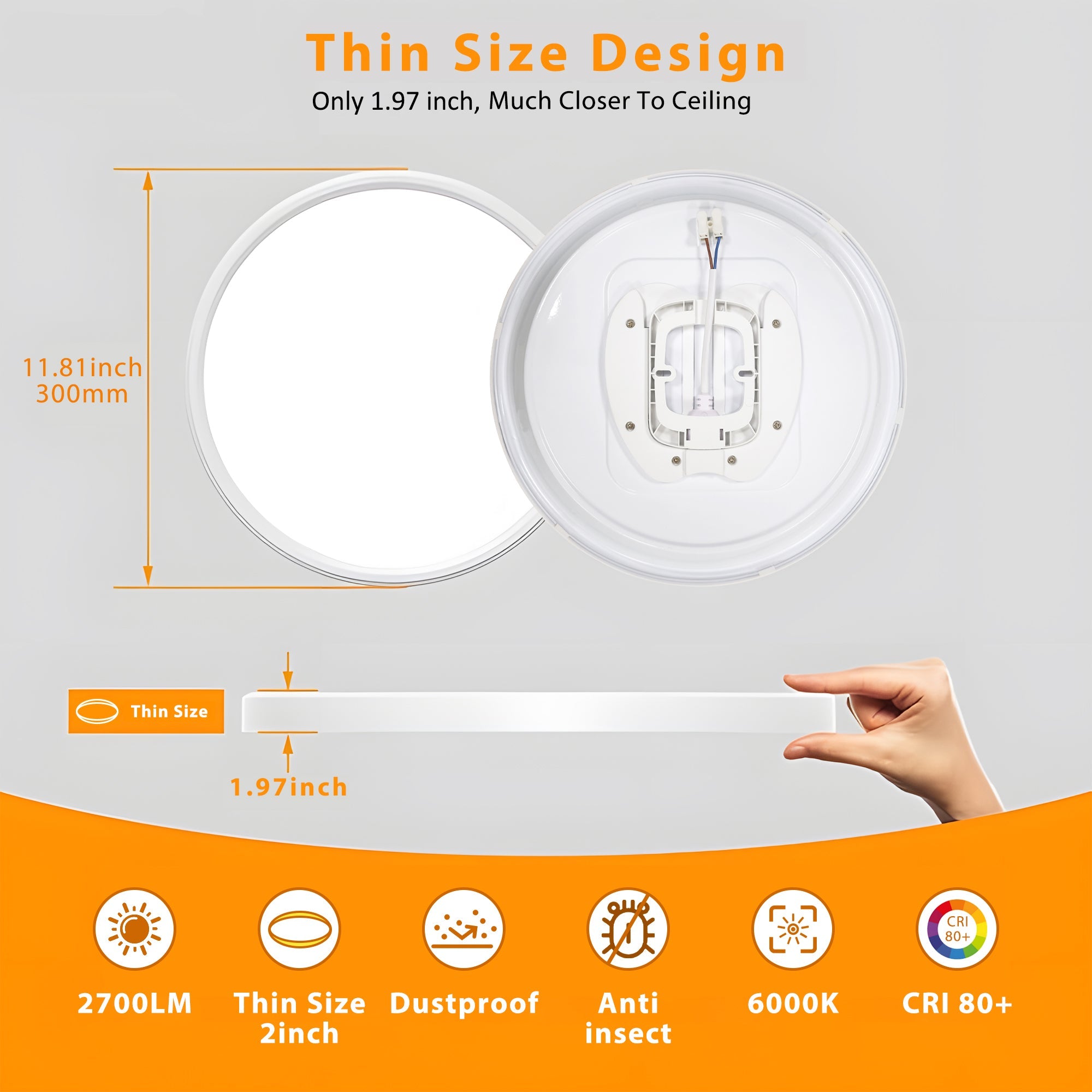 LED Flush Mount Ceiling Light, Ultra-Thin 12 Inch, 2700LM 6000K