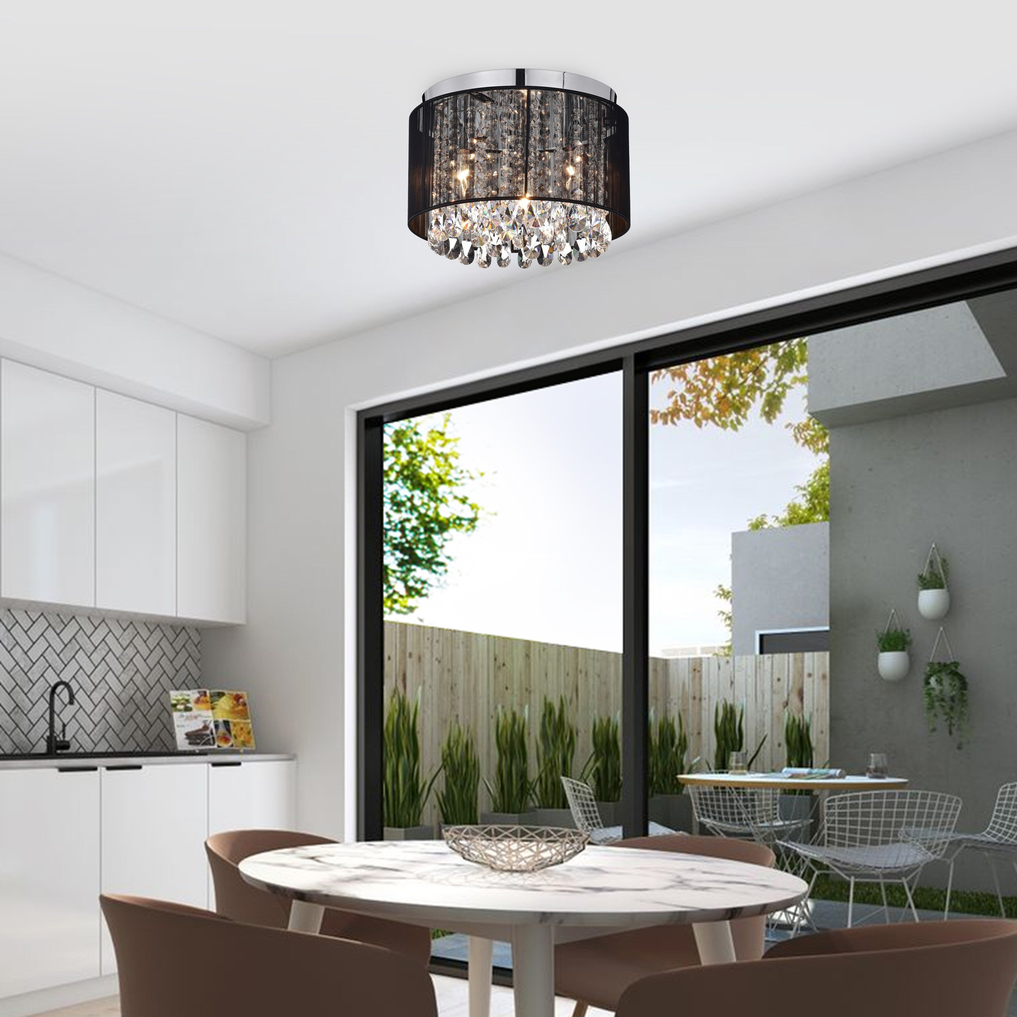 Black Crystal Flush Mount Chandelier 3-Light Drum Ceiling Light