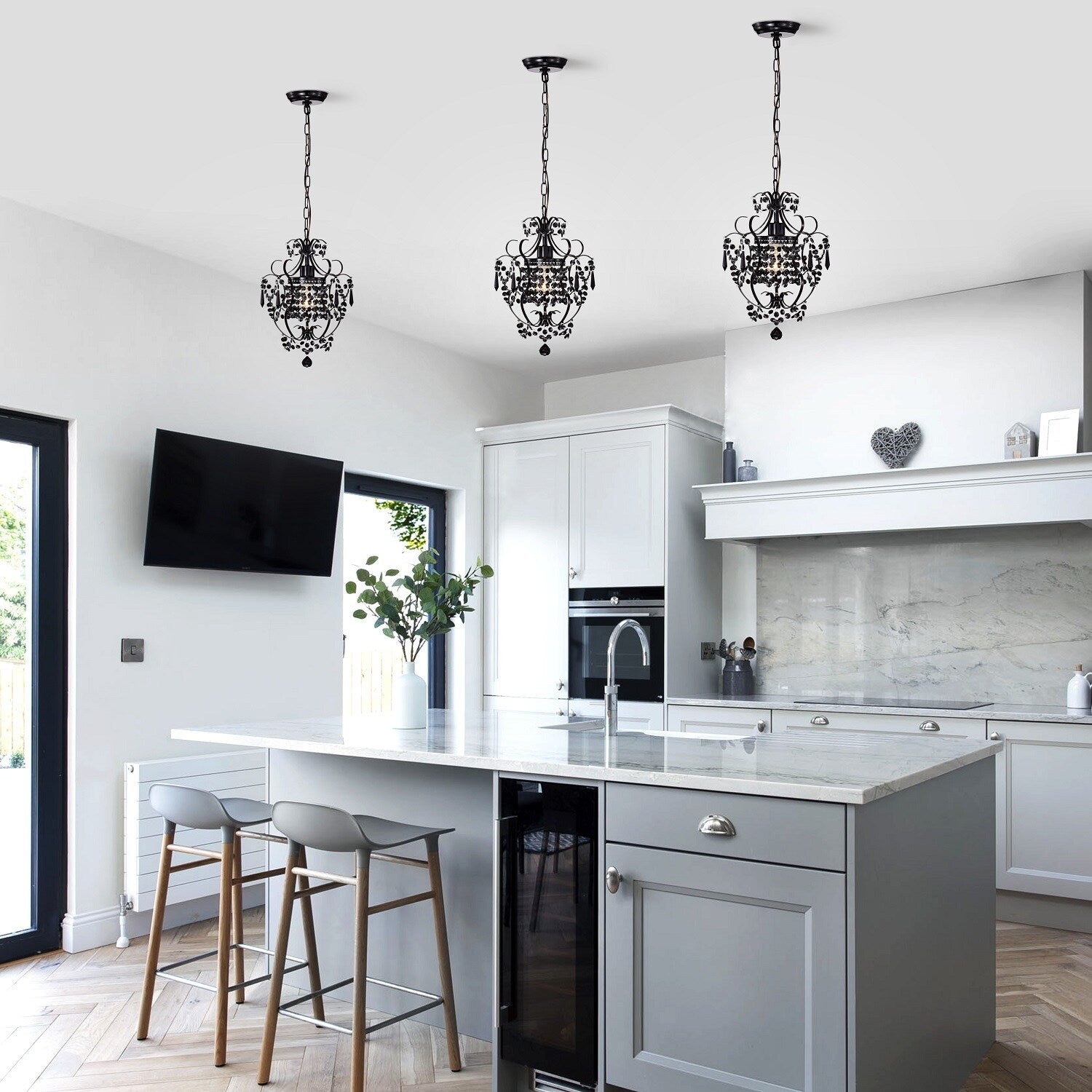 Black Small Mini Chandelier with Acrylic Crystals 1-Light Pendant Chandelier