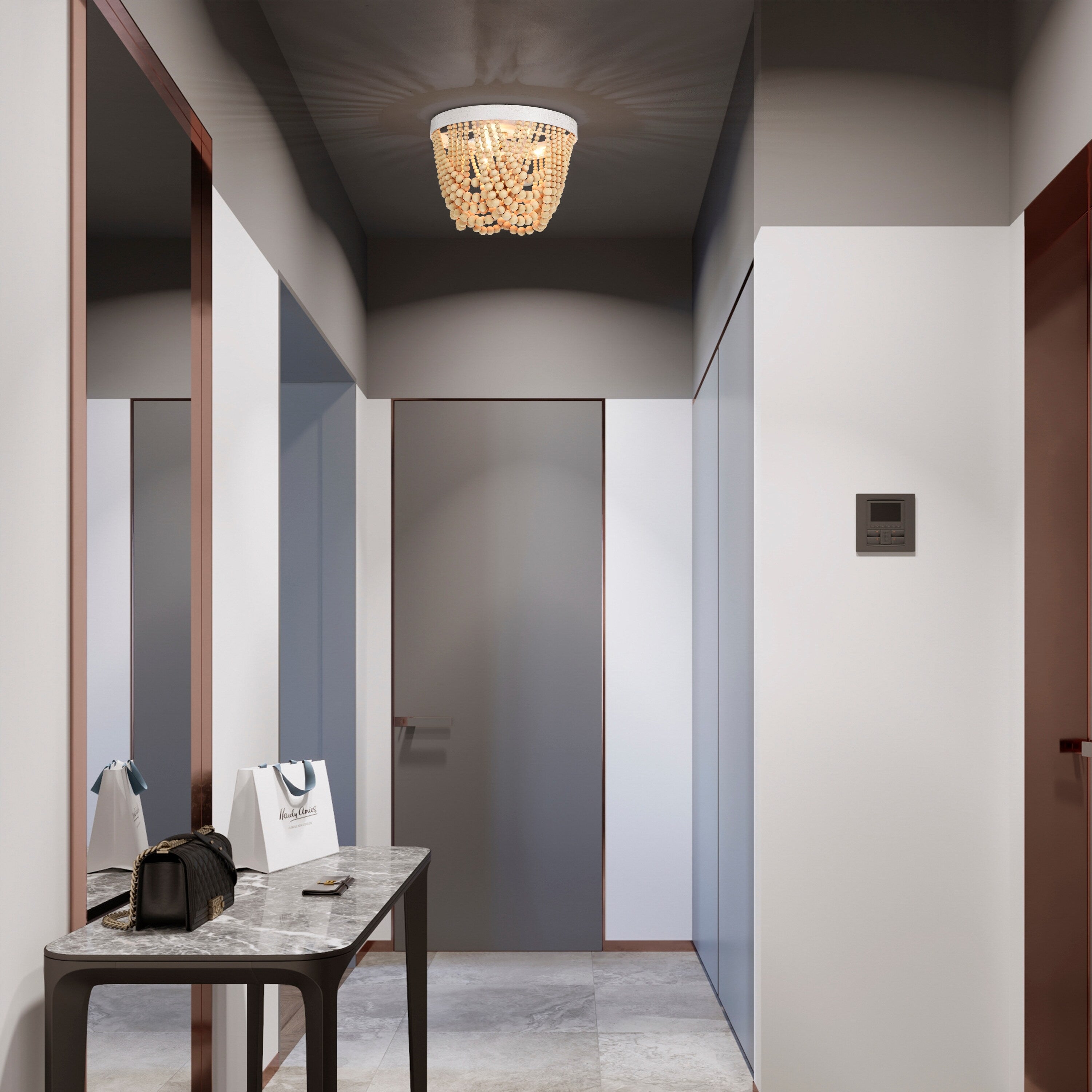 Small Wood Beads Chandelier 3-Light Flush Mount Ceiling Light