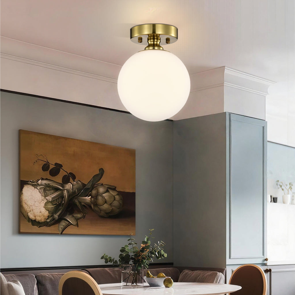 Modern Gold Flush Mount Ceiling Light with White Glass Globe, E12 Base Indoor Ceiling Lamp for Bedroom, Hallway & Kitchen
