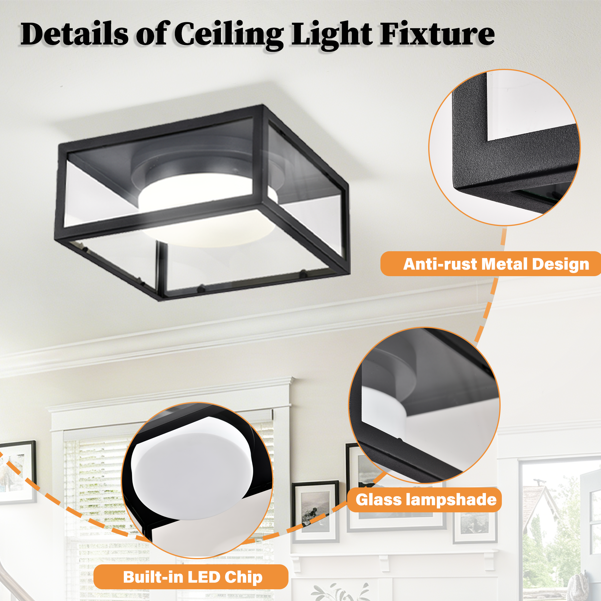 Modern ceiling light, LED ceiling light Fixture, Black  Light for Bedroom and Hallway, Cool White Light